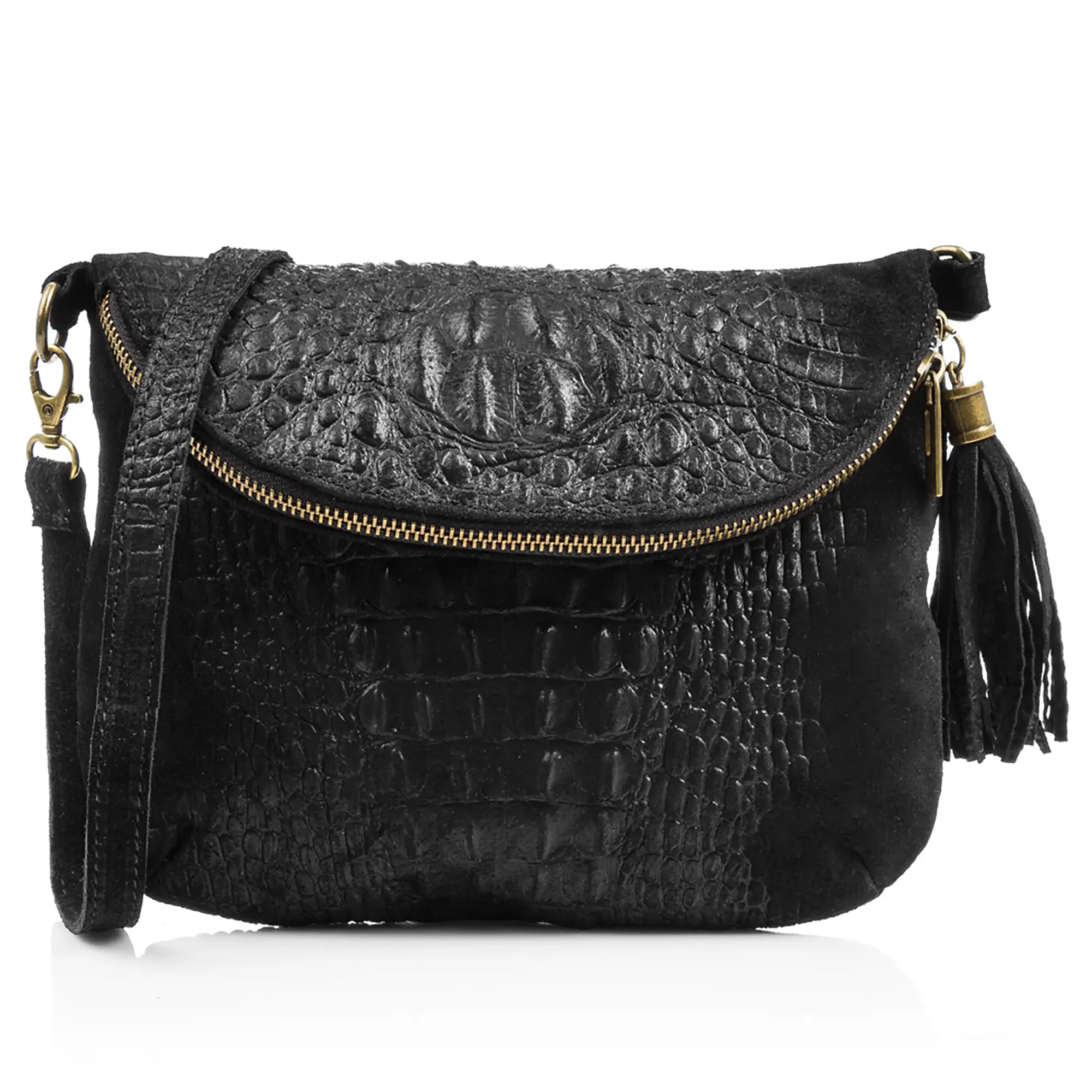 Cenerente Bolso bandolera Mujer.Piel auténtica Gamuza Grabado Cocodrilo 