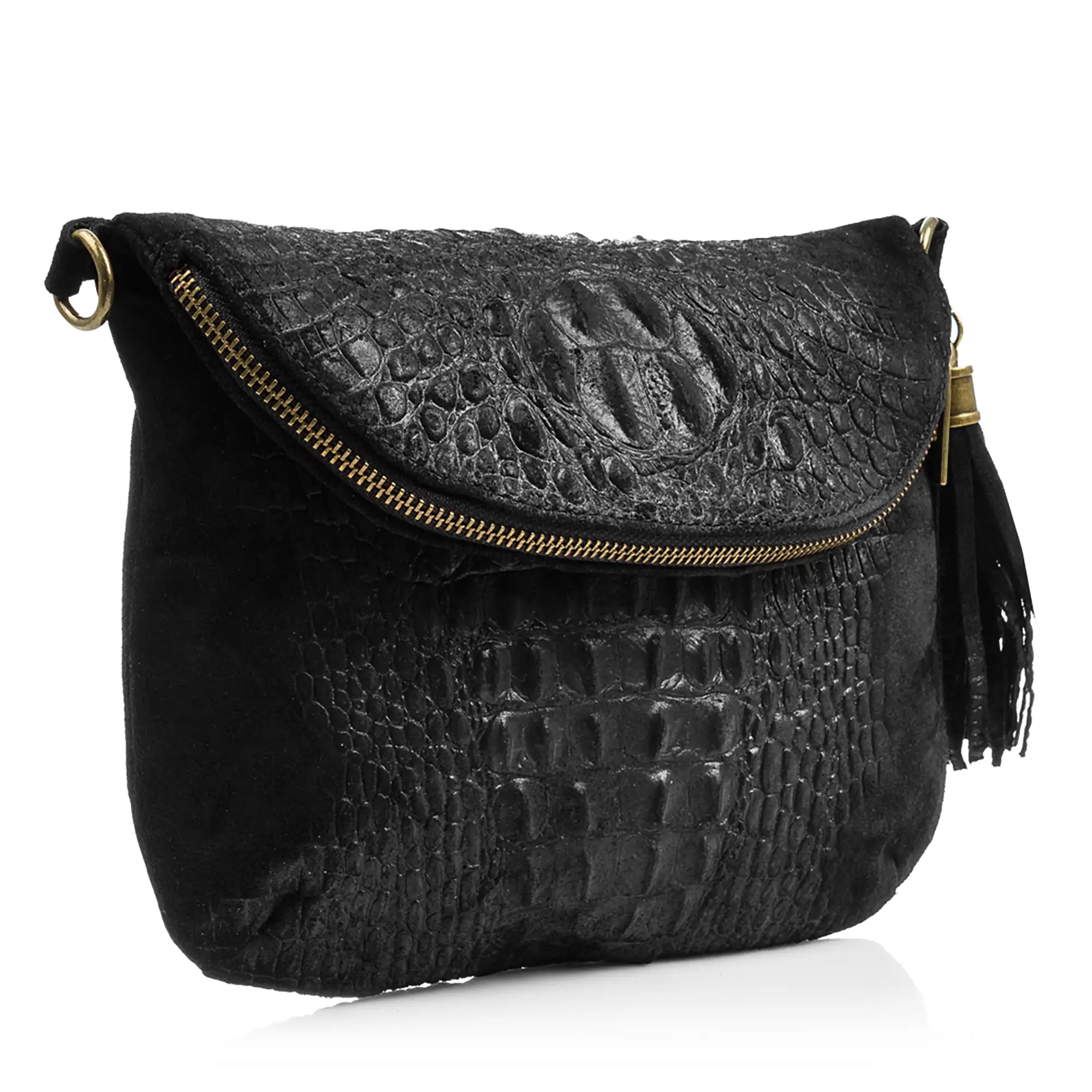 Cenerente Bolso bandolera Mujer.Piel auténtica Gamuza Grabado Cocodrilo 