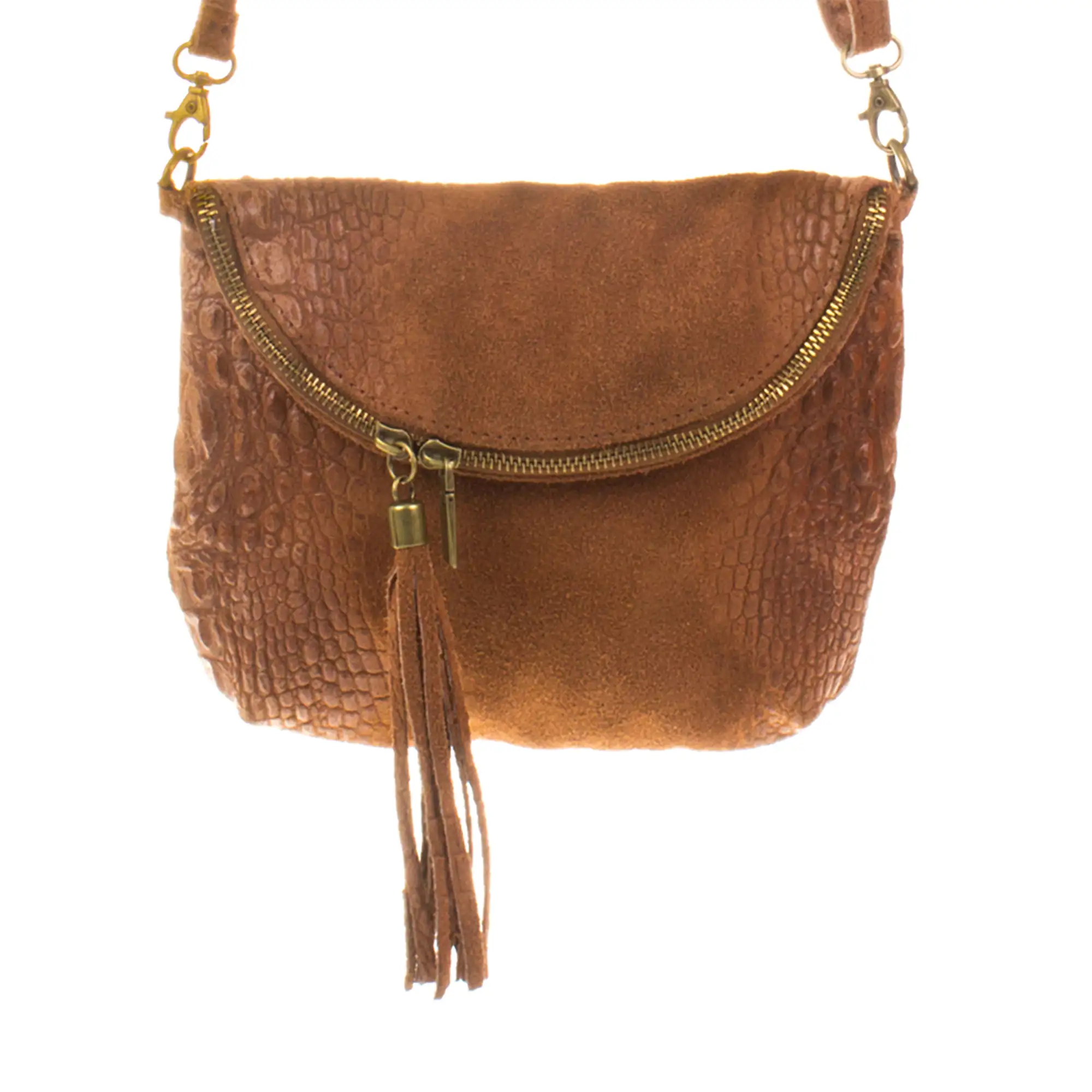 Cenerente Bolso bandolera Mujer.Piel auténtica Gamuza Grabado Cocodrilo 
