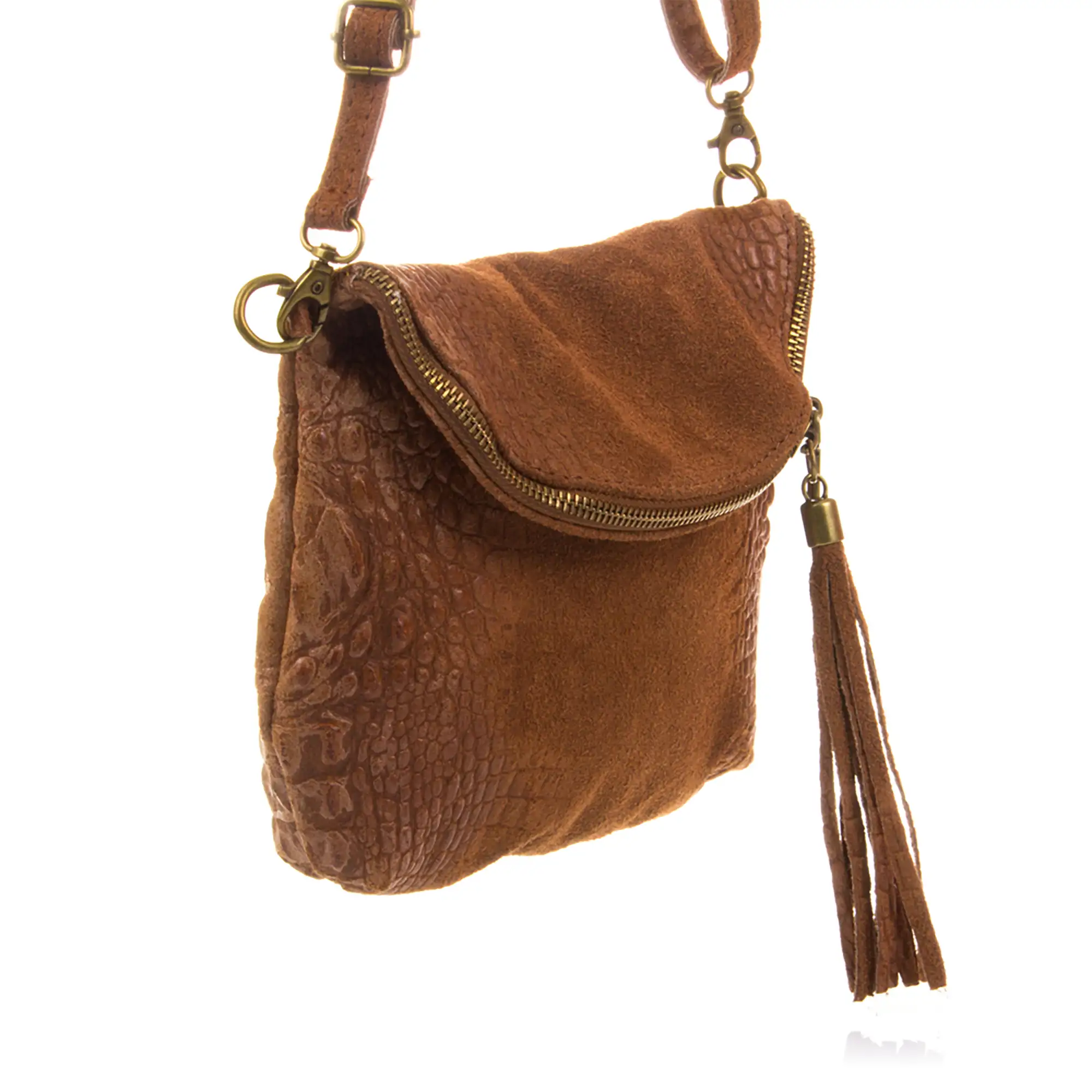 Cenerente Bolso bandolera Mujer.Piel auténtica Gamuza Grabado Cocodrilo 