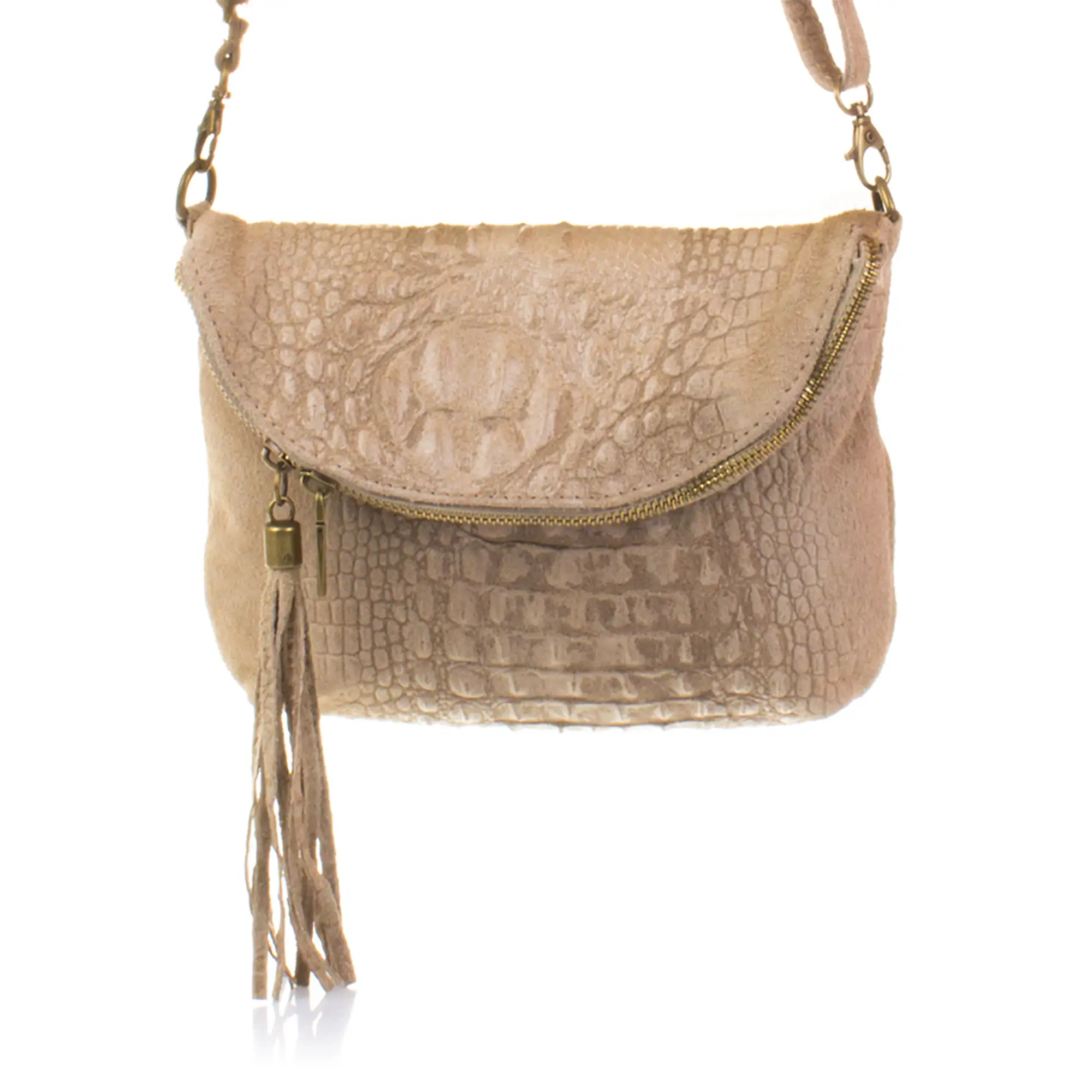 Cenerente Bolso bandolera Mujer.Piel auténtica Gamuza Grabado Cocodrilo 