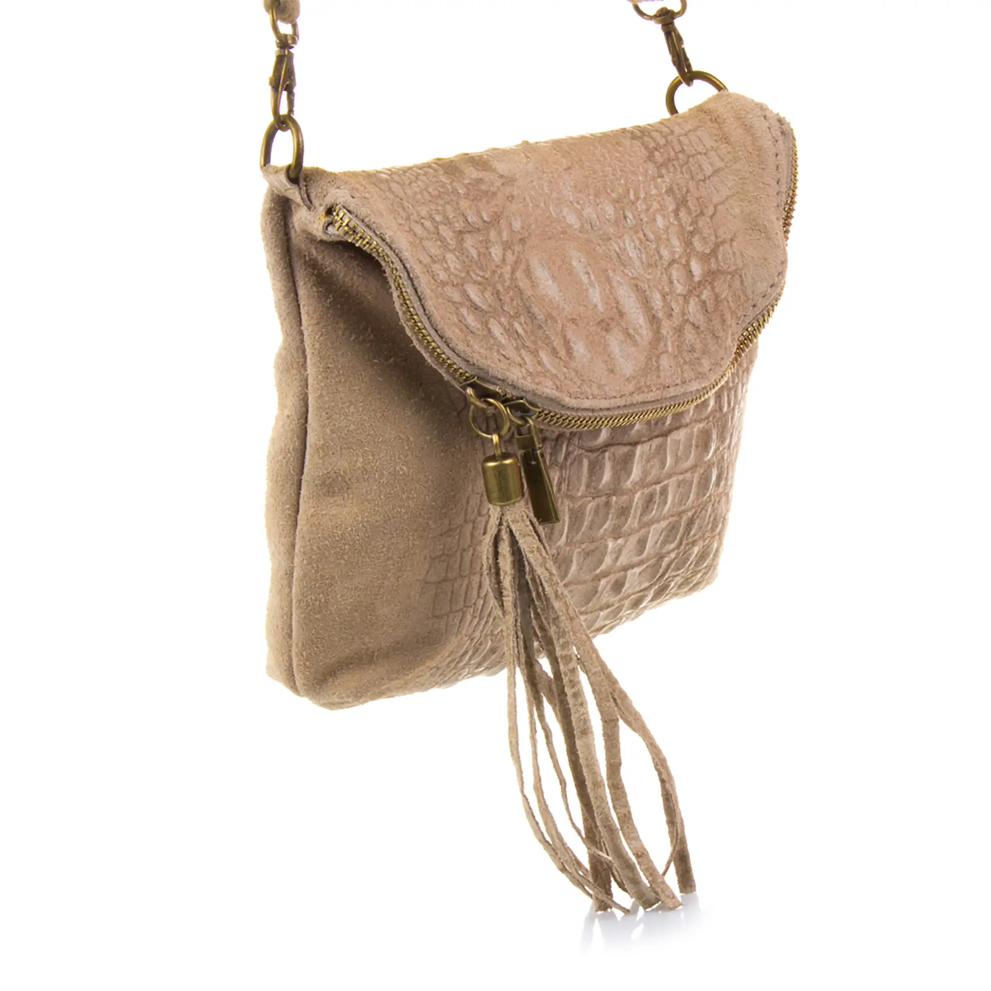 Cenerente Bolso bandolera Mujer.Piel auténtica Gamuza Grabado Cocodrilo 