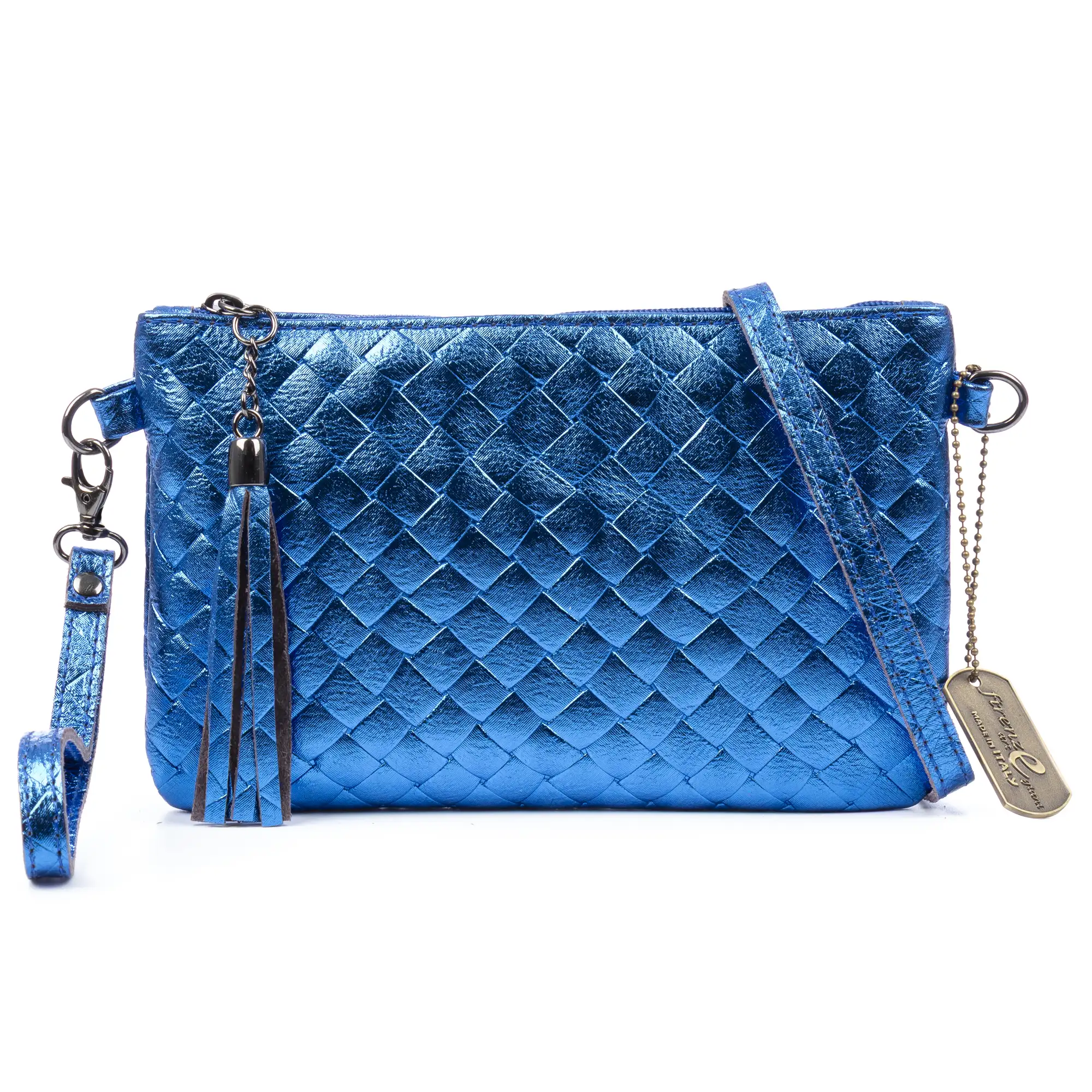 Oleggio bolso bandolera mujer. Piel auténtica Gamuza con grabado entrelazado y lacada brillante.