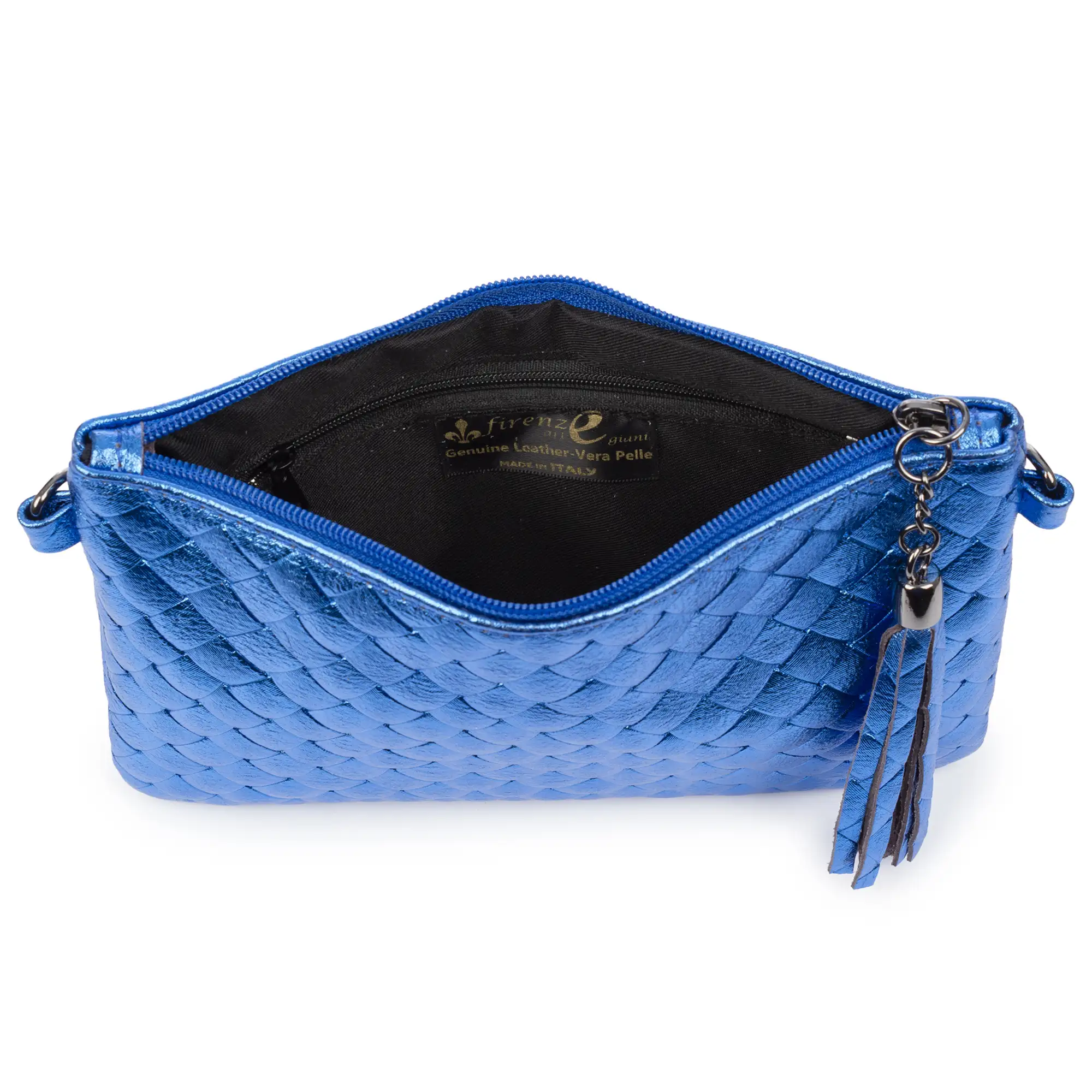 Oleggio bolso bandolera mujer. Piel auténtica Gamuza con grabado entrelazado y lacada brillante.