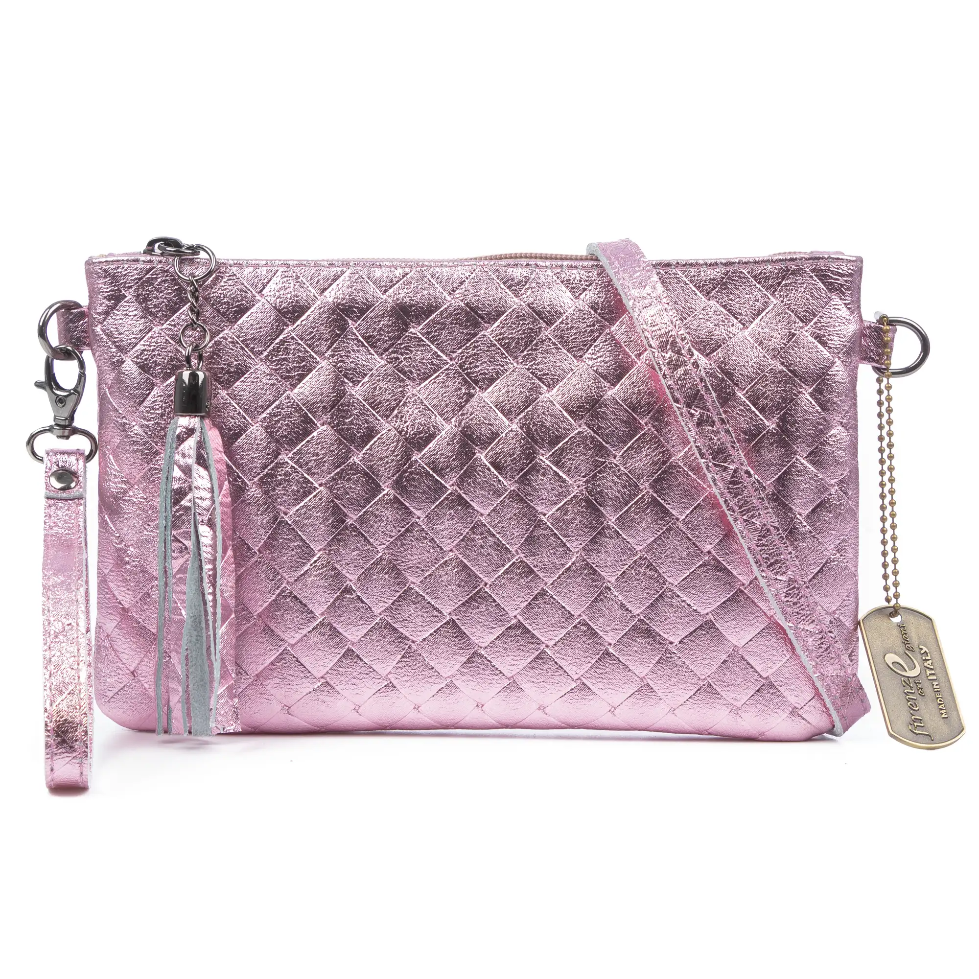 Oleggio bolso bandolera mujer. Piel auténtica Gamuza con grabado entrelazado y lacada brillante.