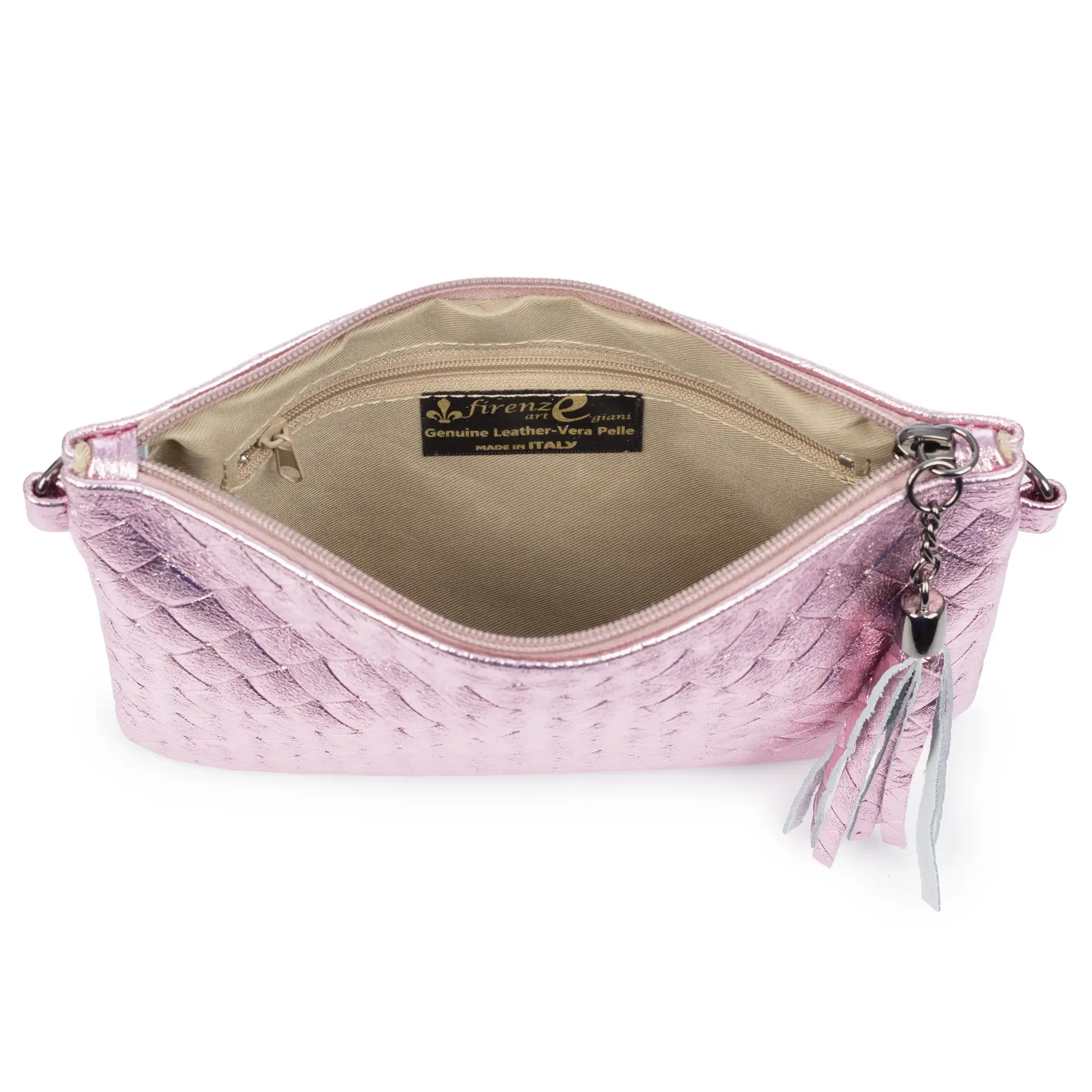 Oleggio bolso bandolera mujer. Piel auténtica Gamuza con grabado entrelazado y lacada brillante.