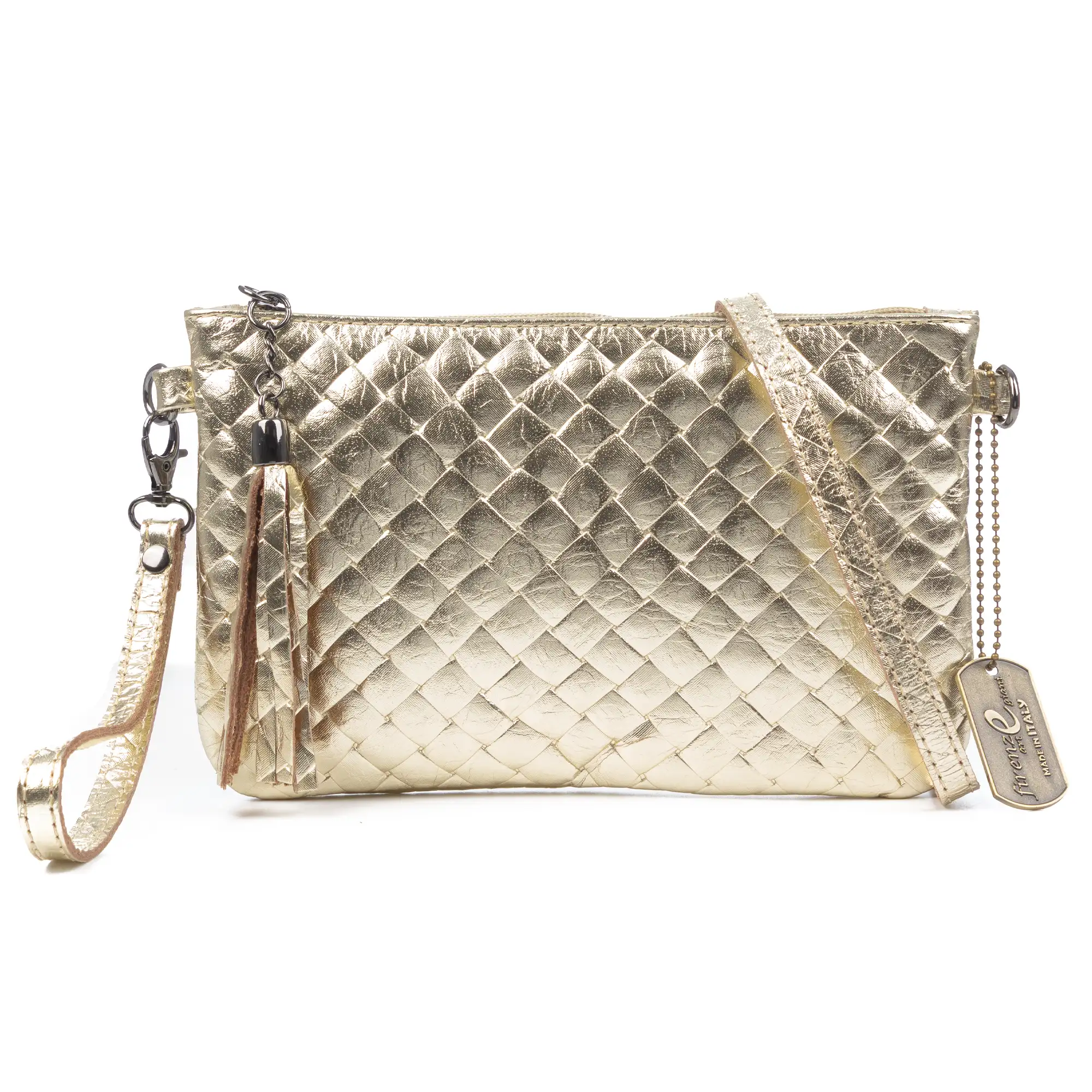 Oleggio bolso bandolera mujer. Piel auténtica Gamuza con grabado entrelazado y lacada brillante.