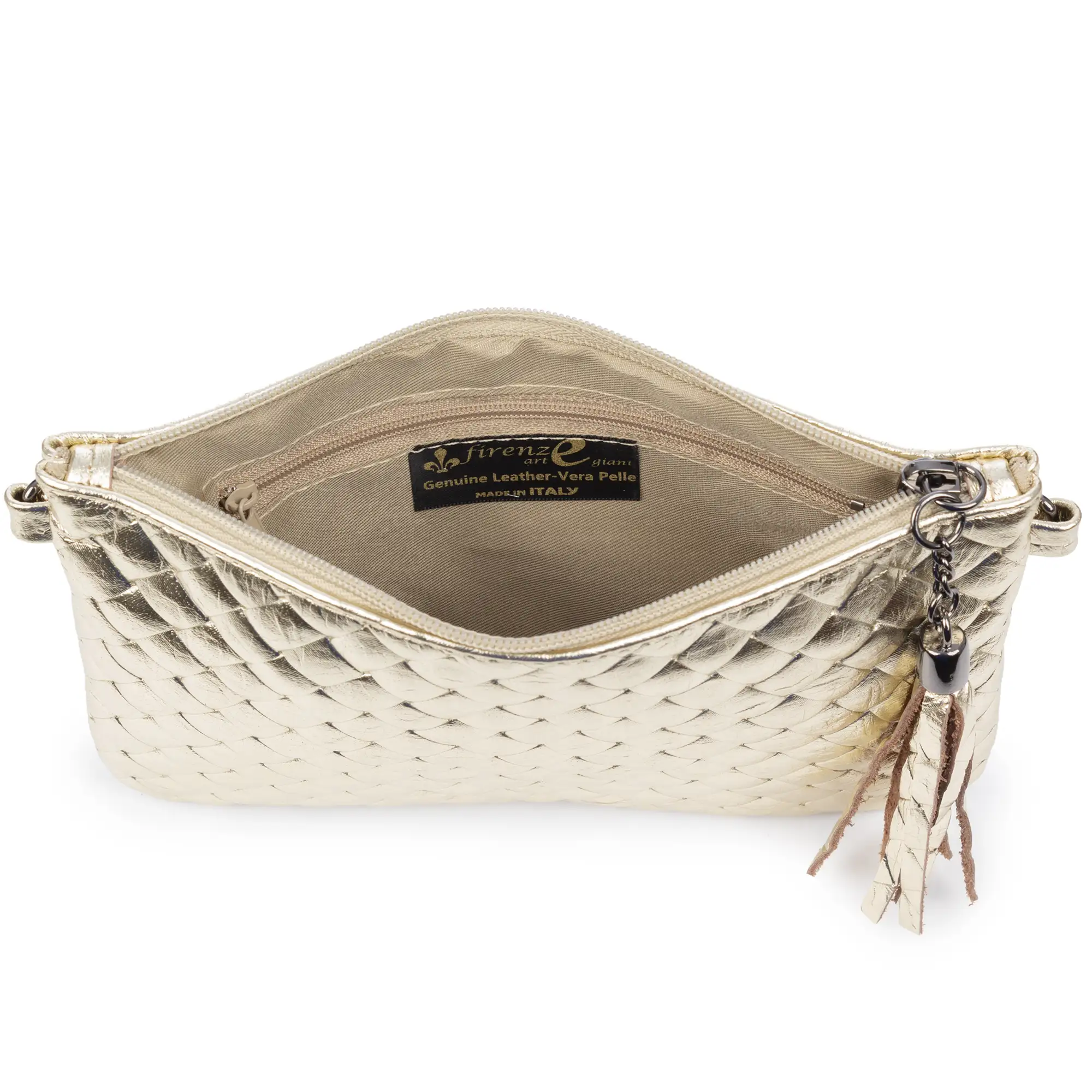 Oleggio bolso bandolera mujer. Piel auténtica Gamuza con grabado entrelazado y lacada brillante.