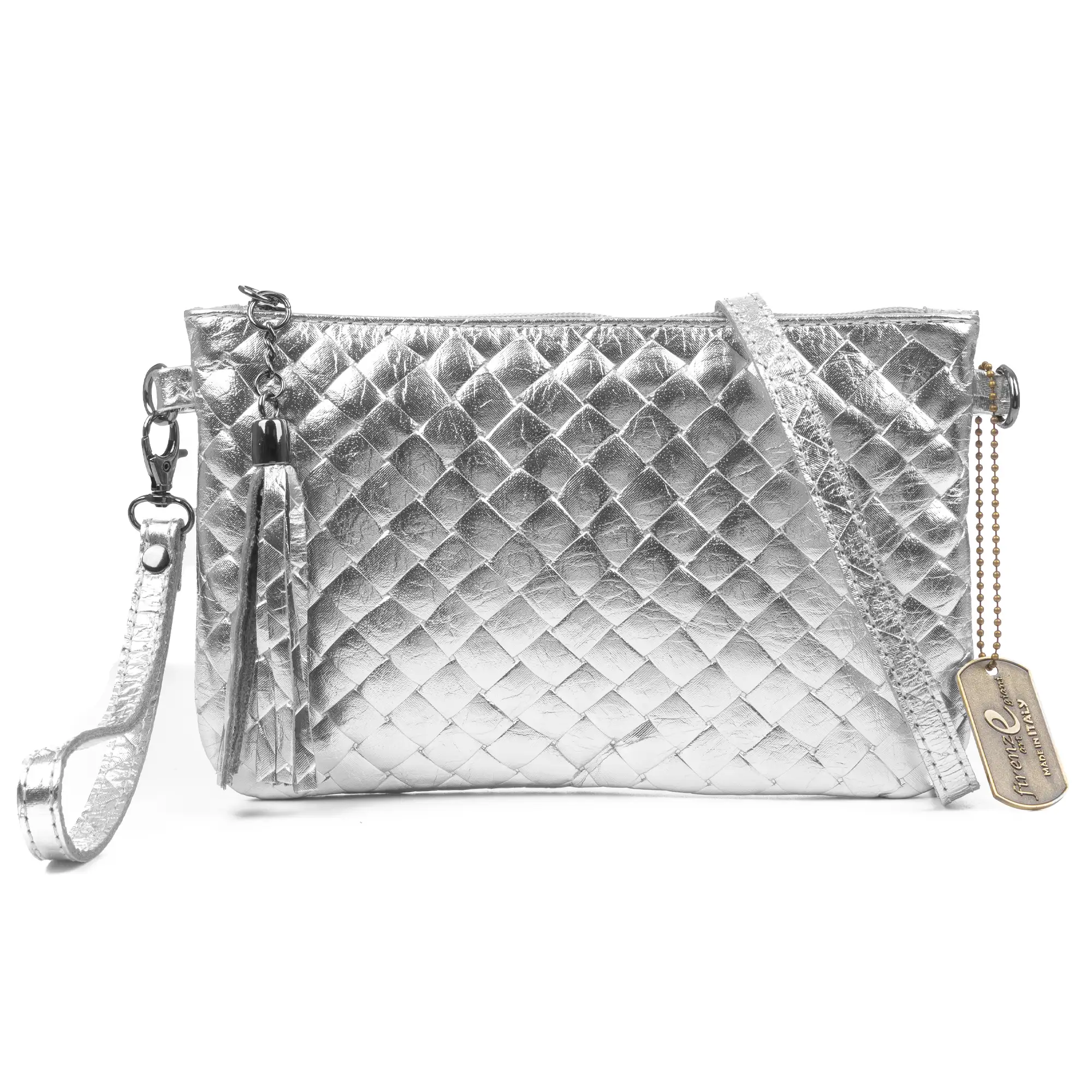 Oleggio bolso bandolera mujer. Piel auténtica Gamuza con grabado entrelazado y lacada brillante.
