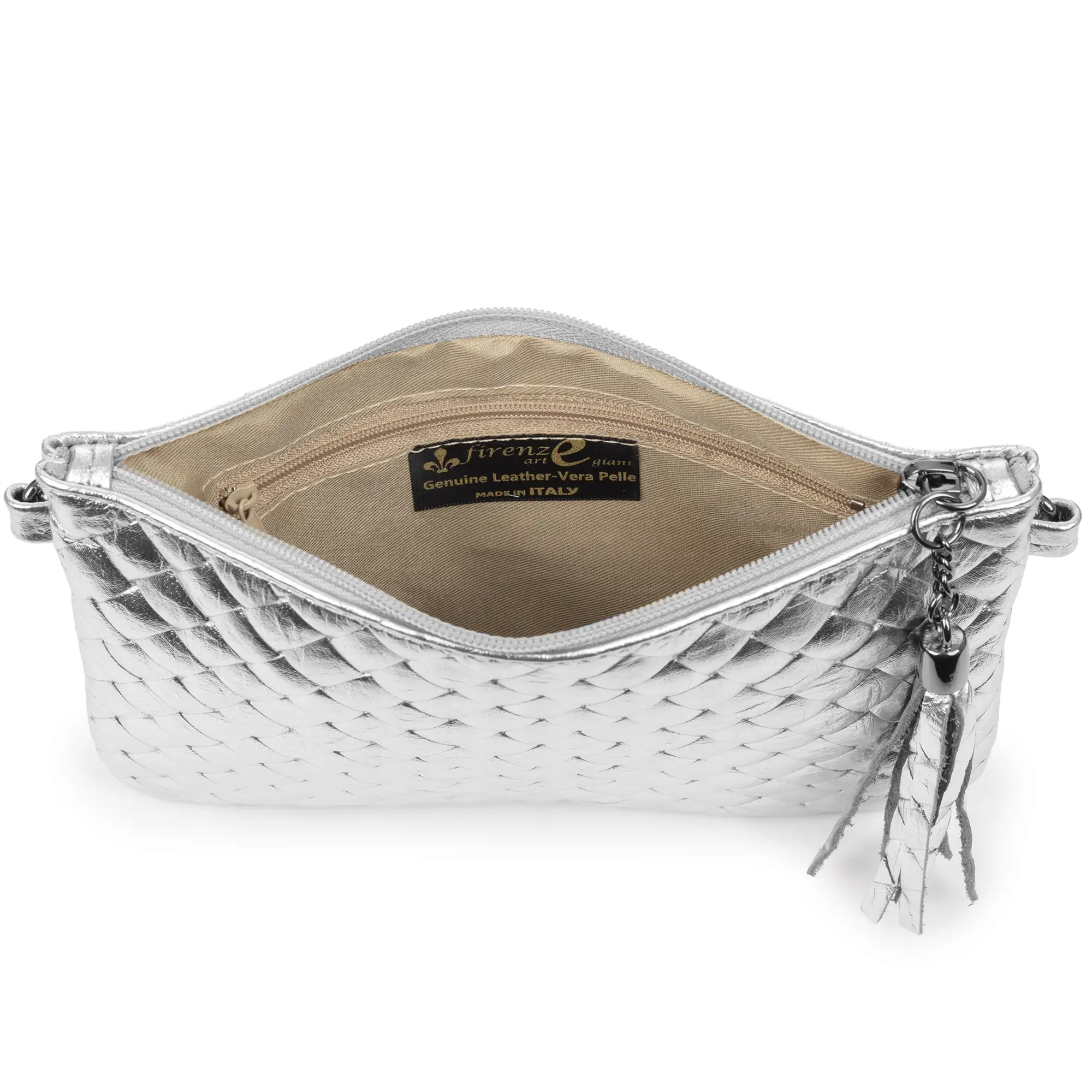 Oleggio bolso bandolera mujer. Piel auténtica Gamuza con grabado entrelazado y lacada brillante.