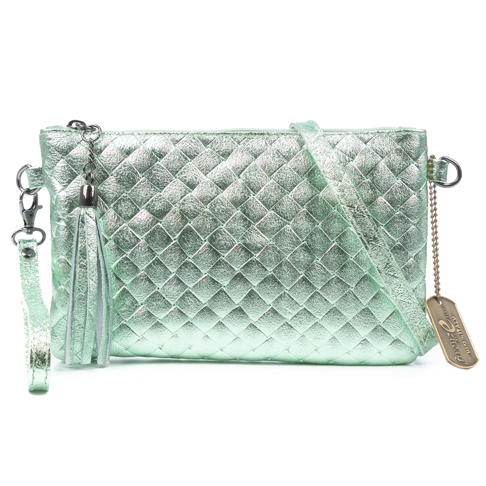 Oleggio bolso bandolera mujer. Piel auténtica Gamuza con grabado entrelazado y lacada brillante.