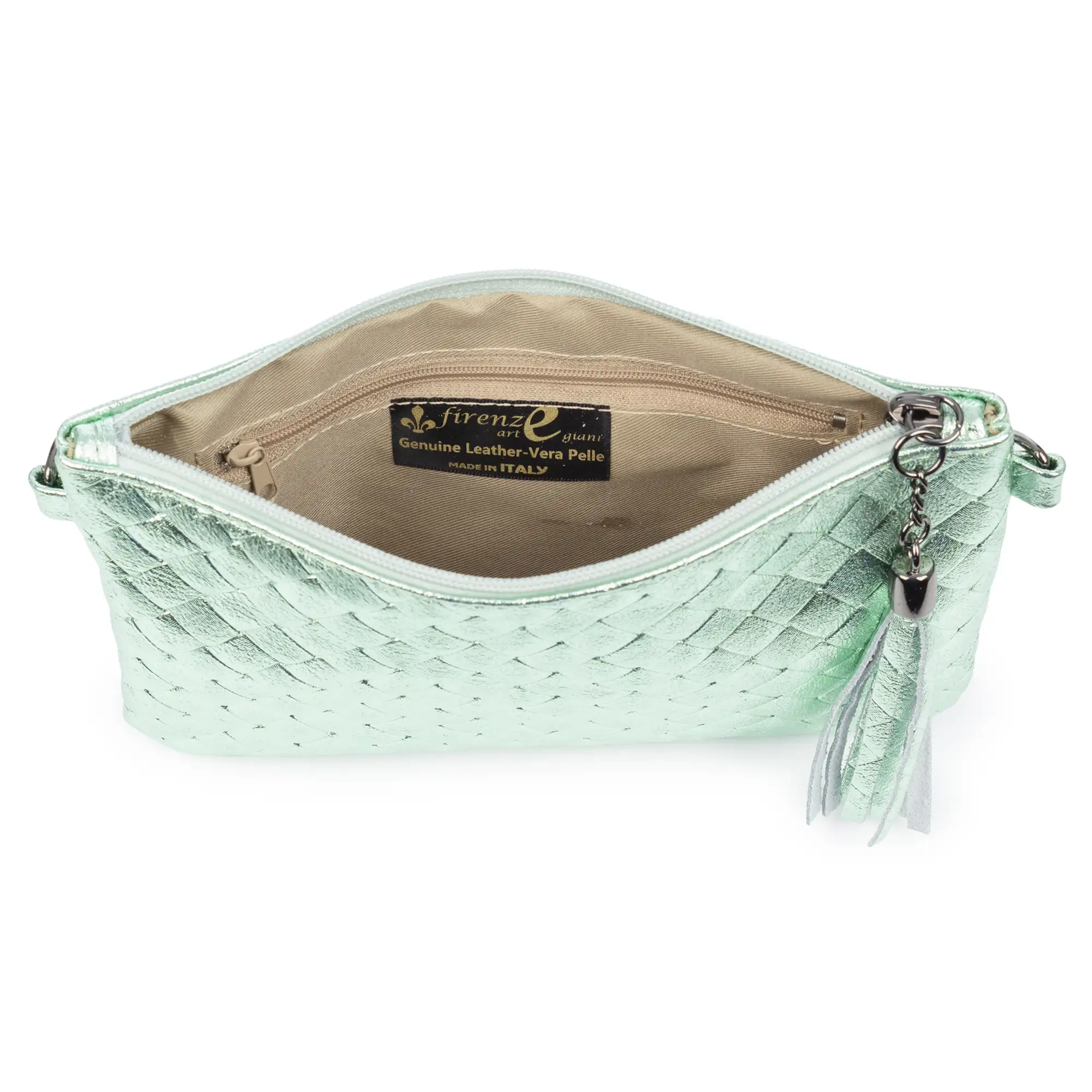 Oleggio bolso bandolera mujer. Piel auténtica Gamuza con grabado entrelazado y lacada brillante.