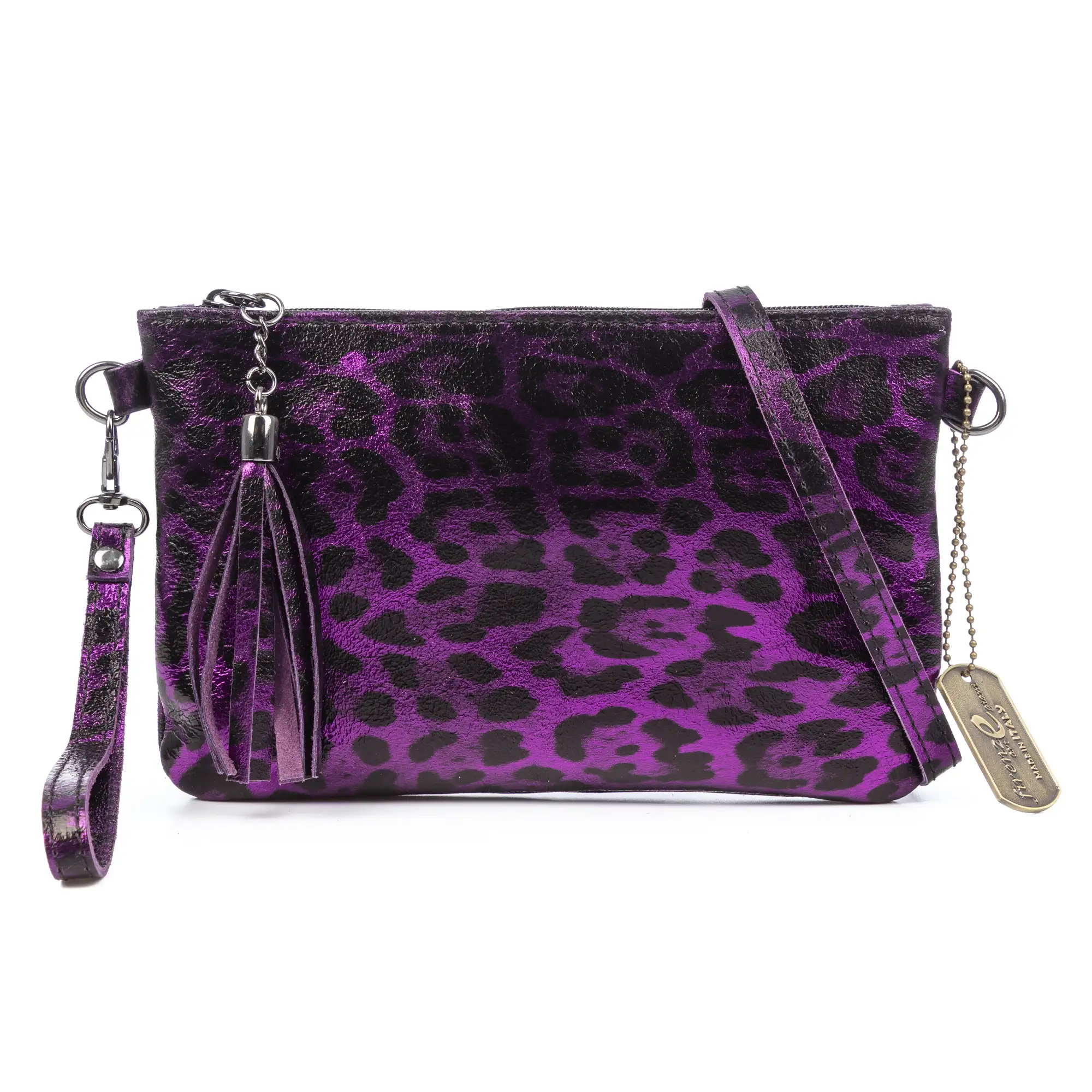 Oleggio bolso bandolera mujer. Piel auténtica Gamuza con estampado de animal print leopardo y lacada brillante.