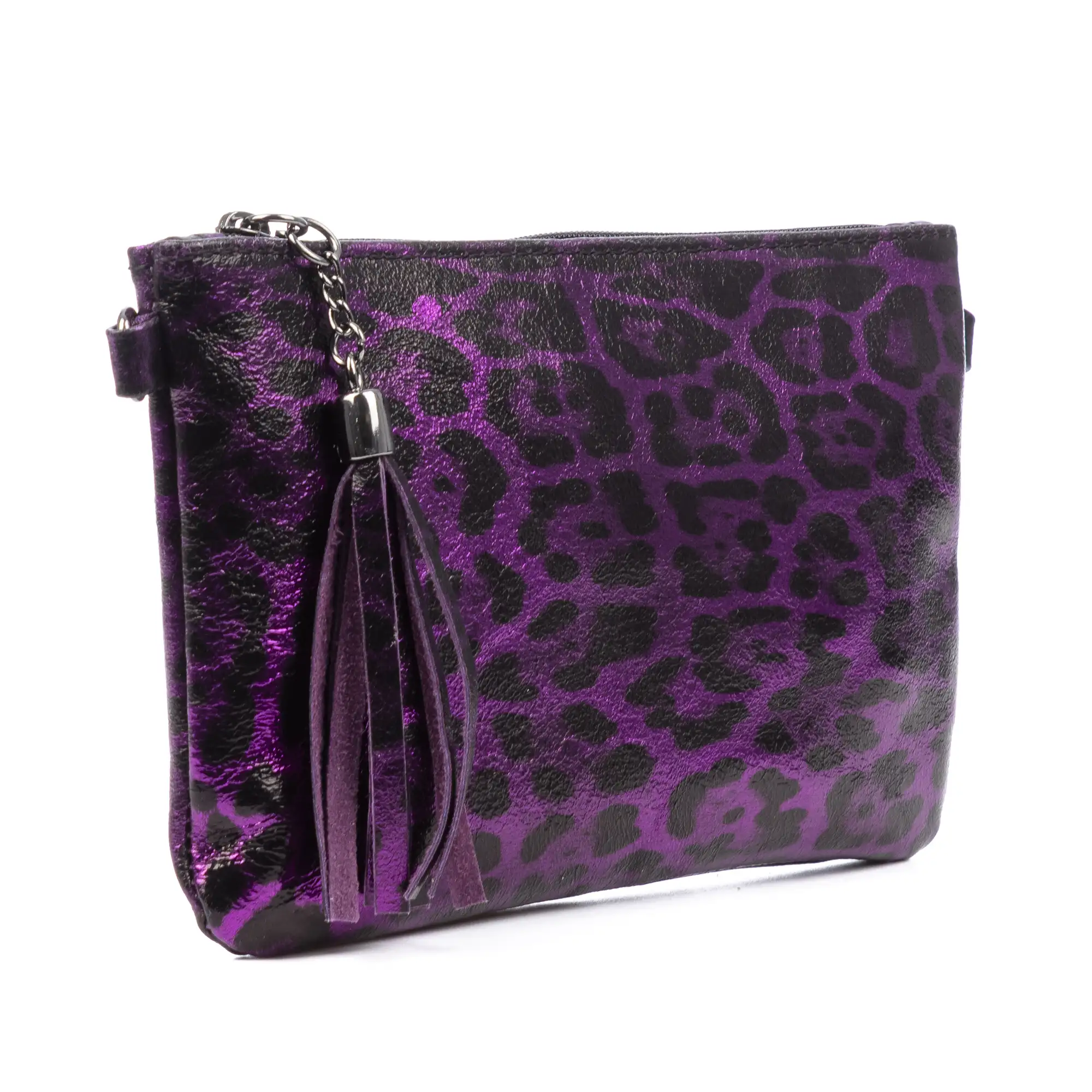 Oleggio bolso bandolera mujer. Piel auténtica Gamuza con estampado de animal print leopardo y lacada brillante.