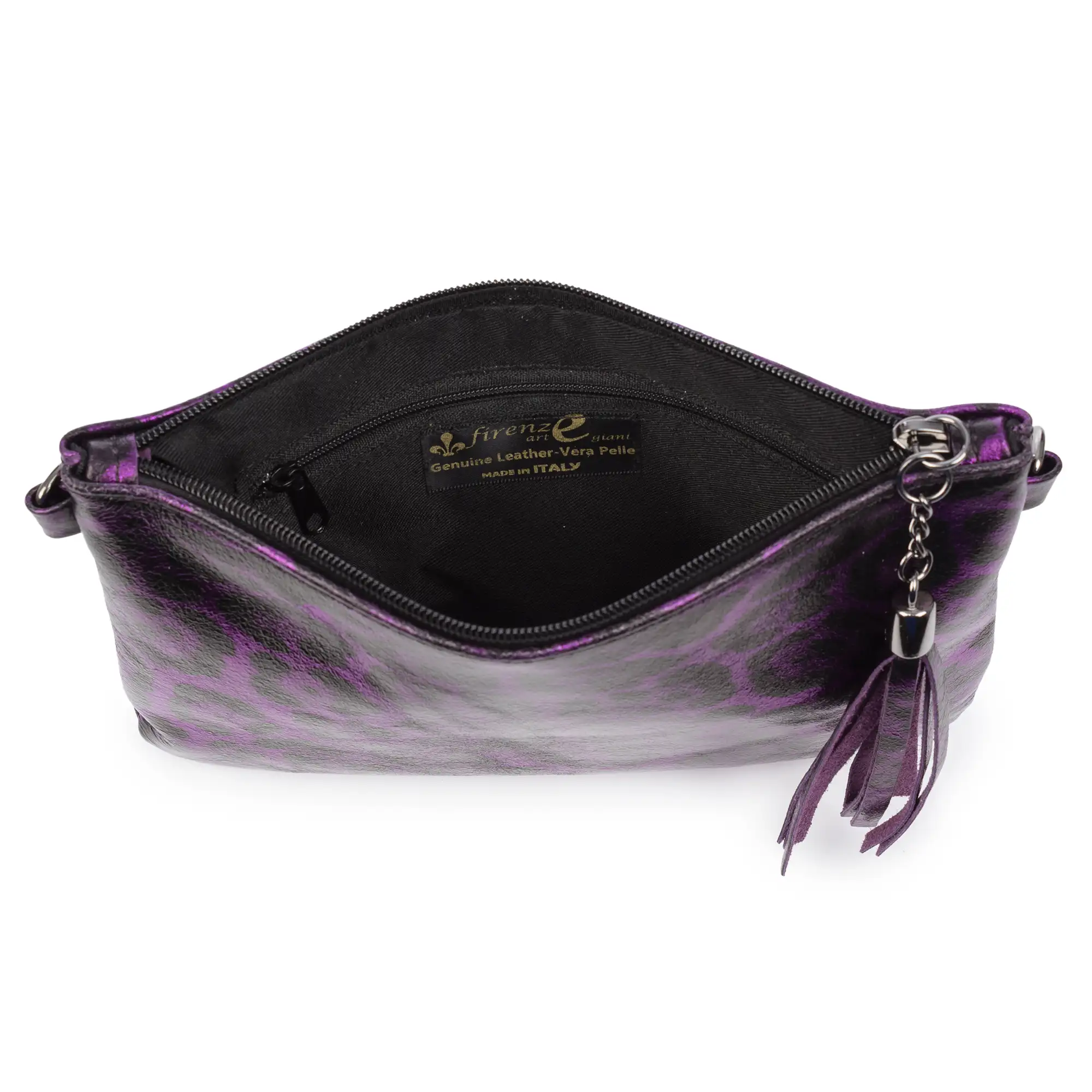 Oleggio bolso bandolera mujer. Piel auténtica Gamuza con estampado de animal print leopardo y lacada brillante.