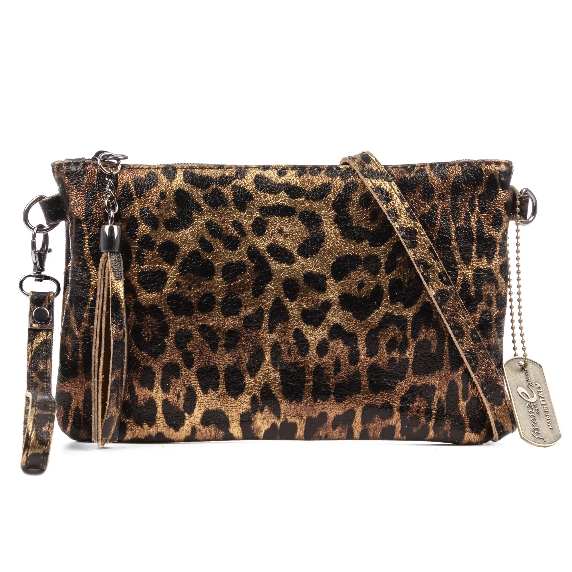 Oleggio bolso bandolera mujer. Piel auténtica Gamuza con estampado de animal print leopardo y lacada brillante.