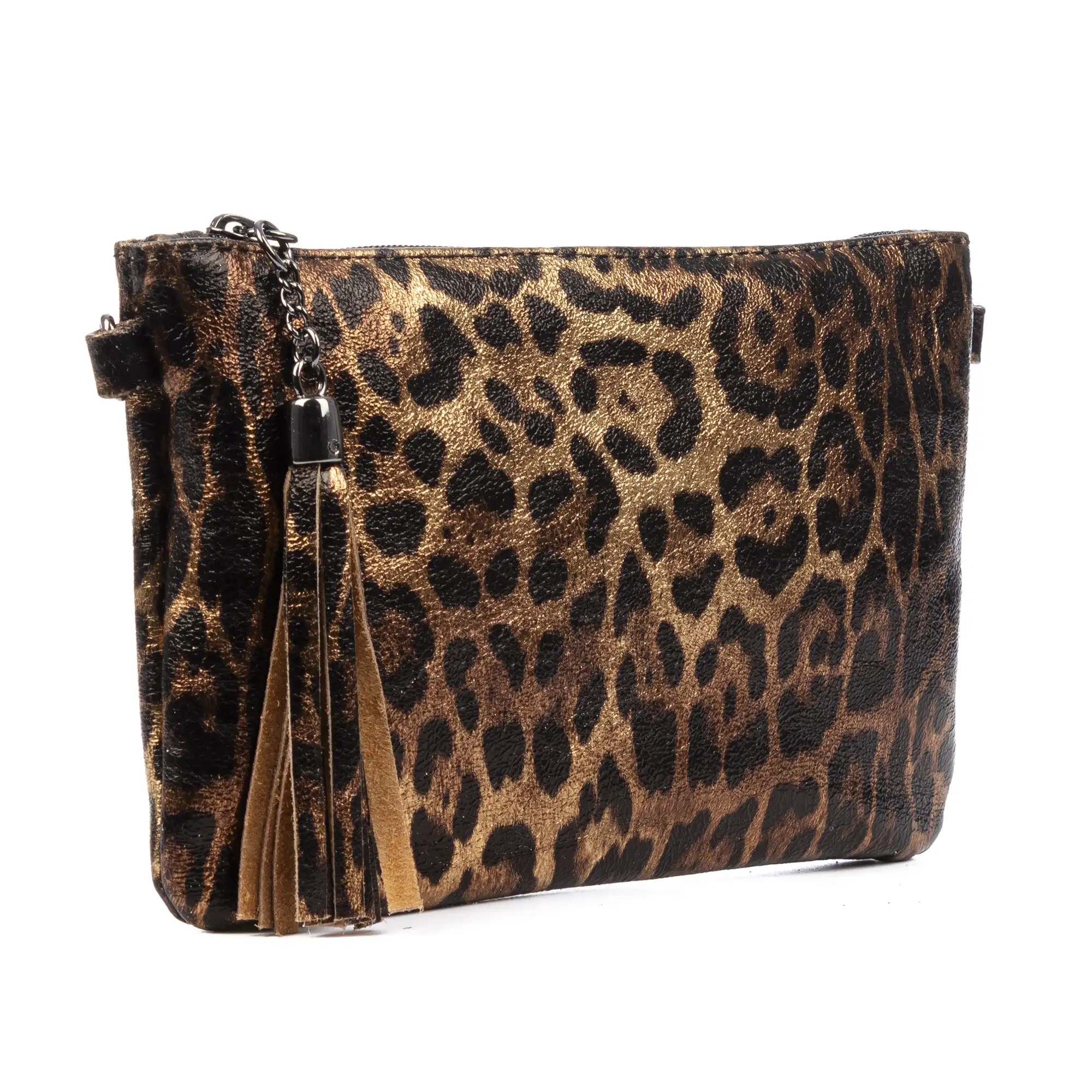 Oleggio bolso bandolera mujer. Piel auténtica Gamuza con estampado de animal print leopardo y lacada brillante.