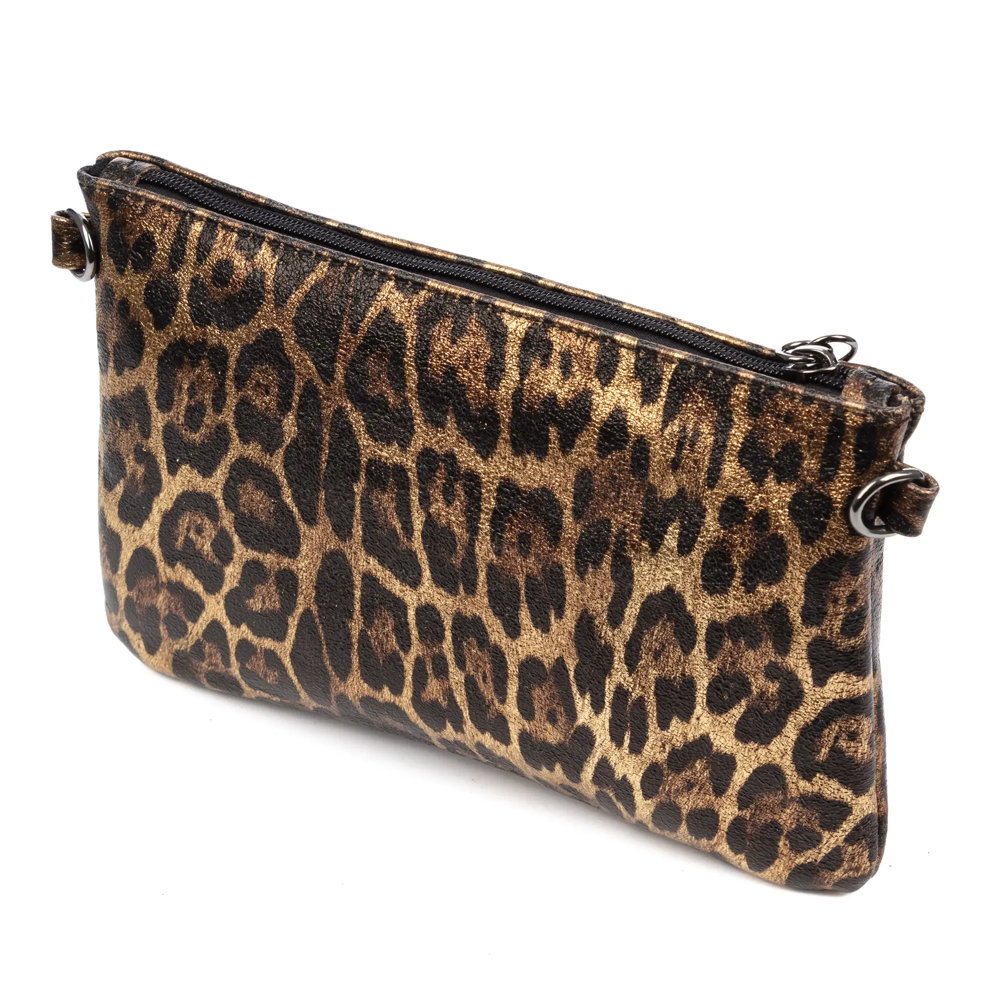 Oleggio bolso bandolera mujer. Piel auténtica Gamuza con estampado de animal print leopardo y lacada brillante.