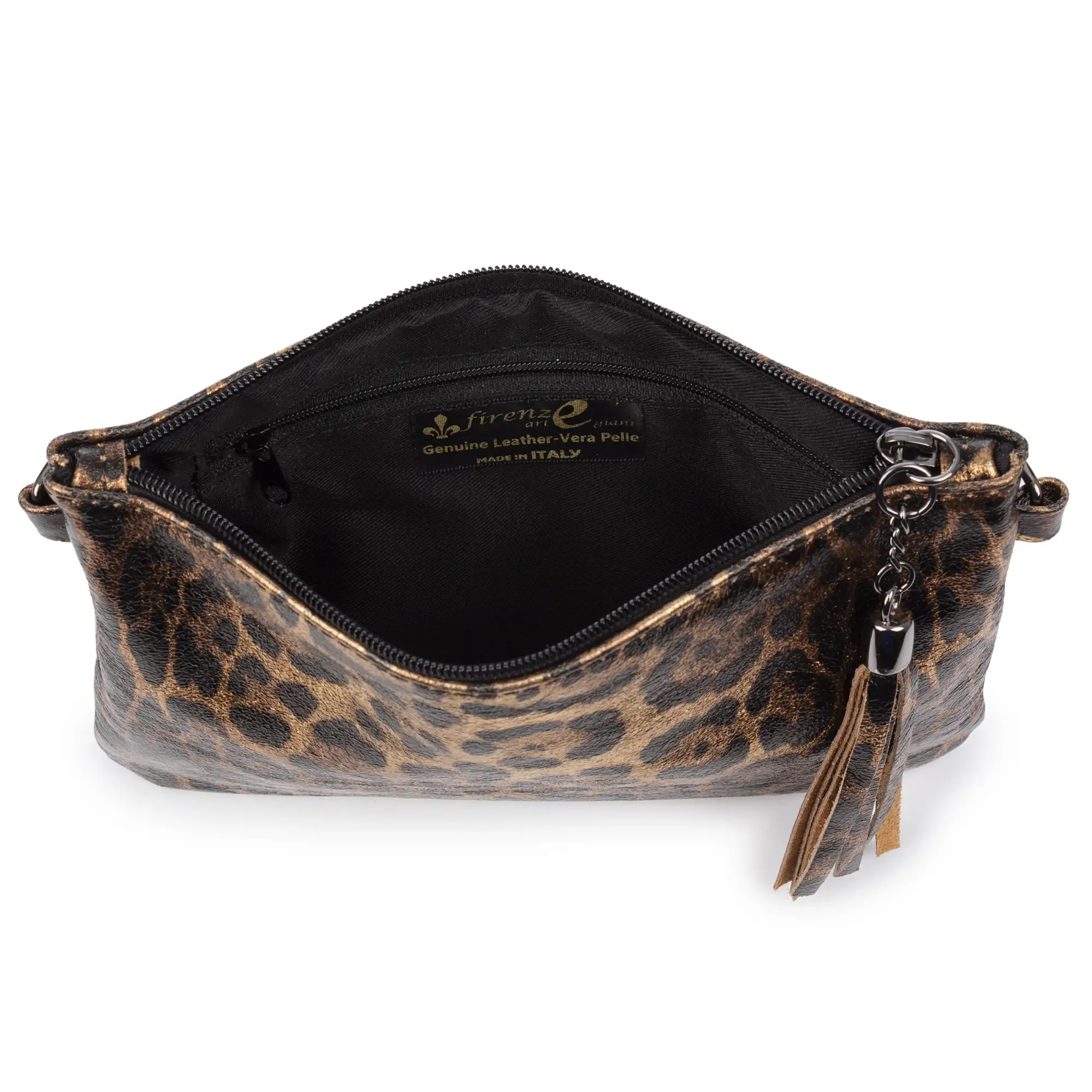 Oleggio bolso bandolera mujer. Piel auténtica Gamuza con estampado de animal print leopardo y lacada brillante.