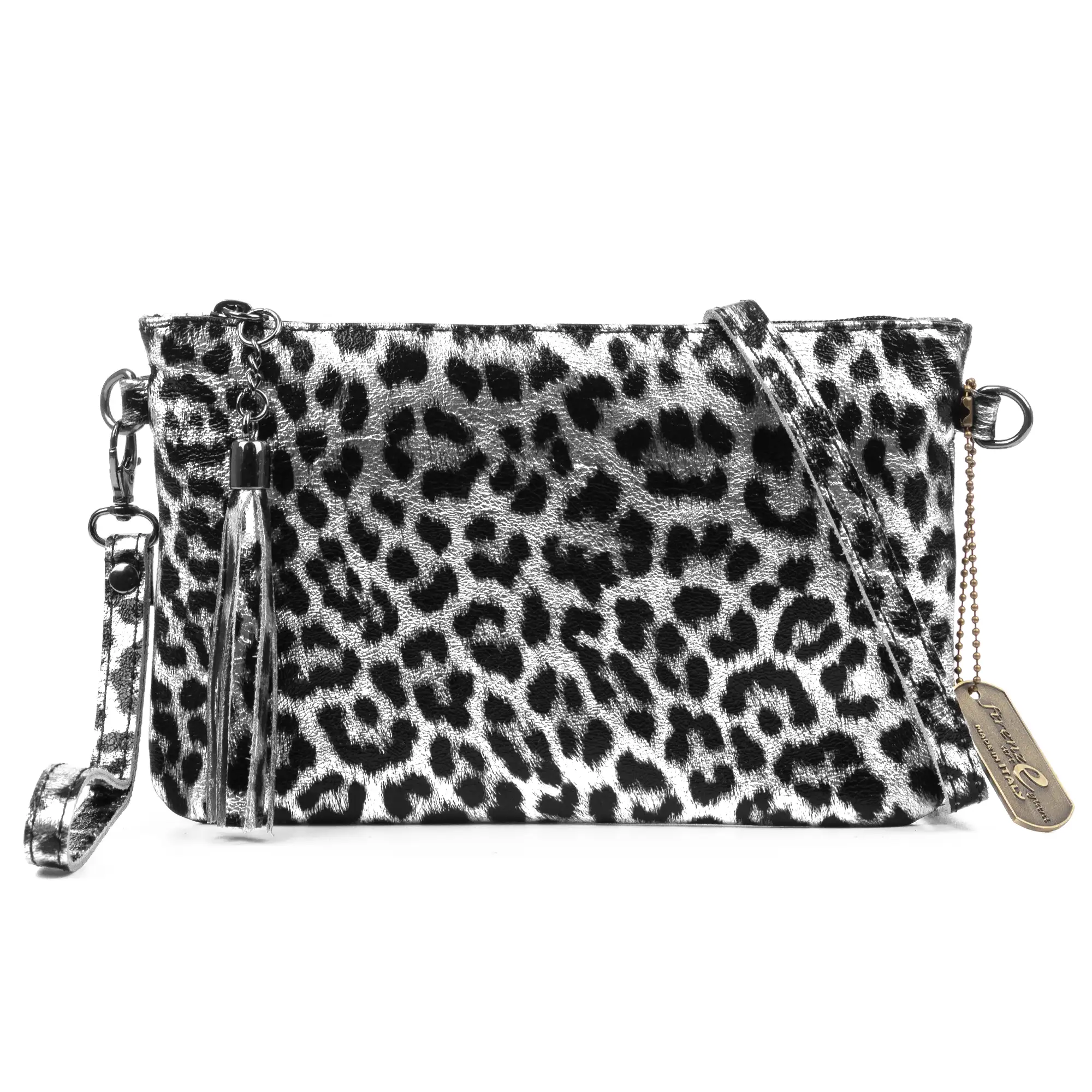 Oleggio bolso bandolera mujer. Piel auténtica Gamuza con estampado de animal print leopardo y lacada brillante.