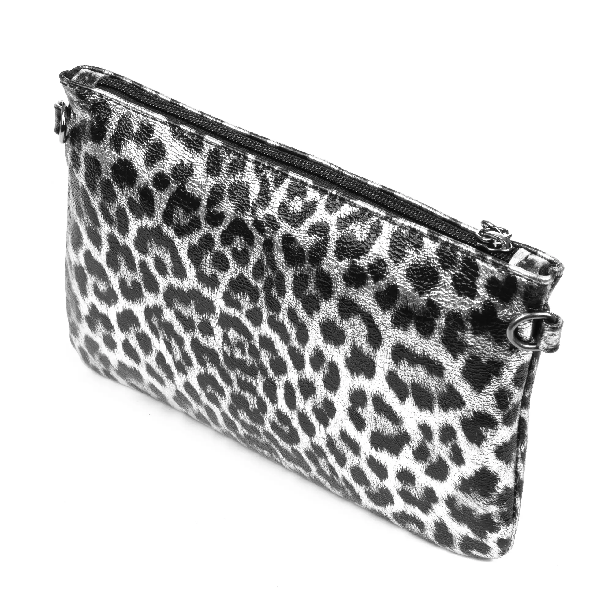 Oleggio bolso bandolera mujer. Piel auténtica Gamuza con estampado de animal print leopardo y lacada brillante.