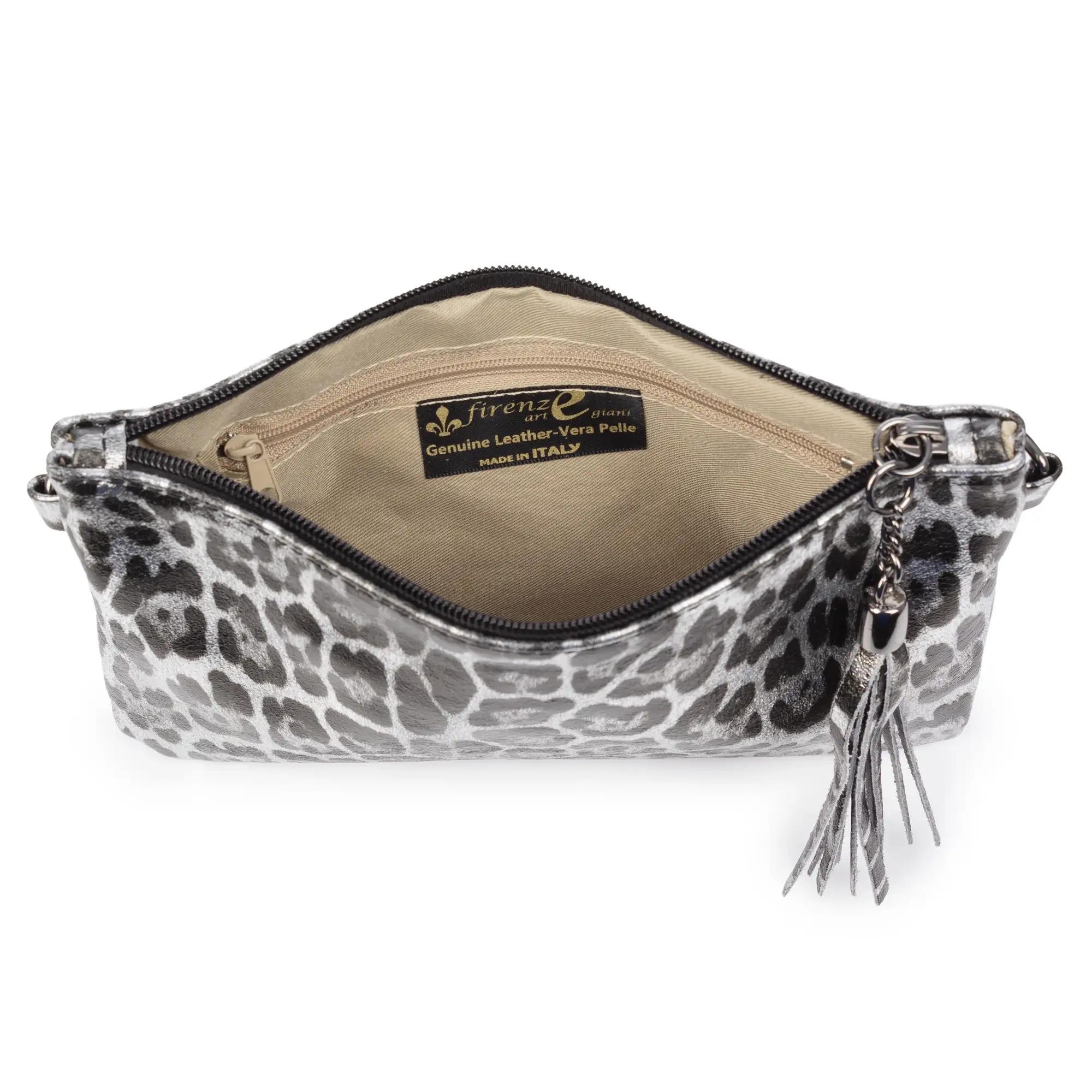 Oleggio bolso bandolera mujer. Piel auténtica Gamuza con estampado de animal print leopardo y lacada brillante.