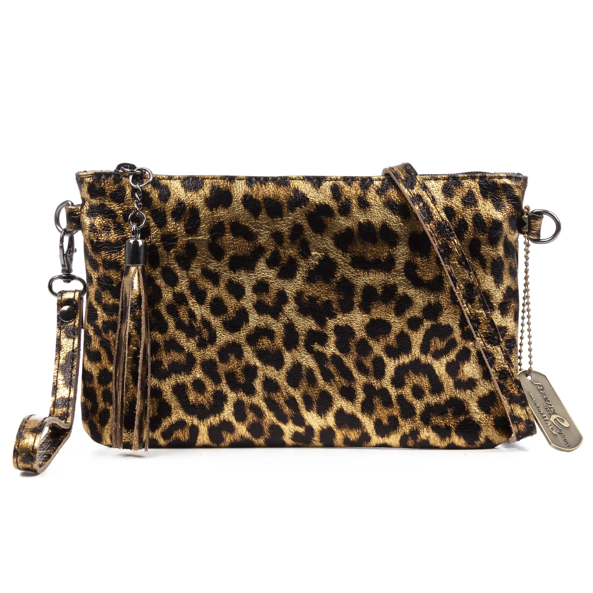 Oleggio bolso bandolera mujer. Piel auténtica Gamuza con estampado de animal print leopardo y lacada brillante.