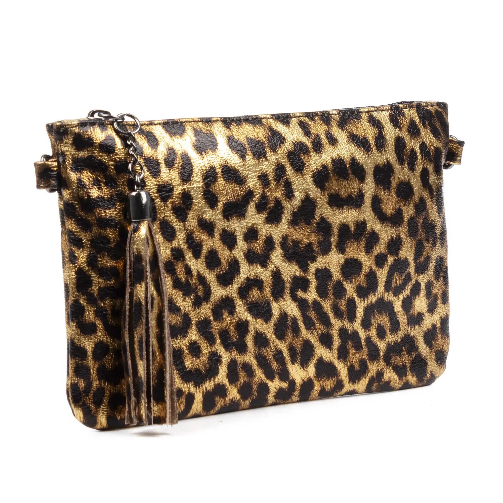 Oleggio bolso bandolera mujer. Piel auténtica Gamuza con estampado de animal print leopardo y lacada brillante.