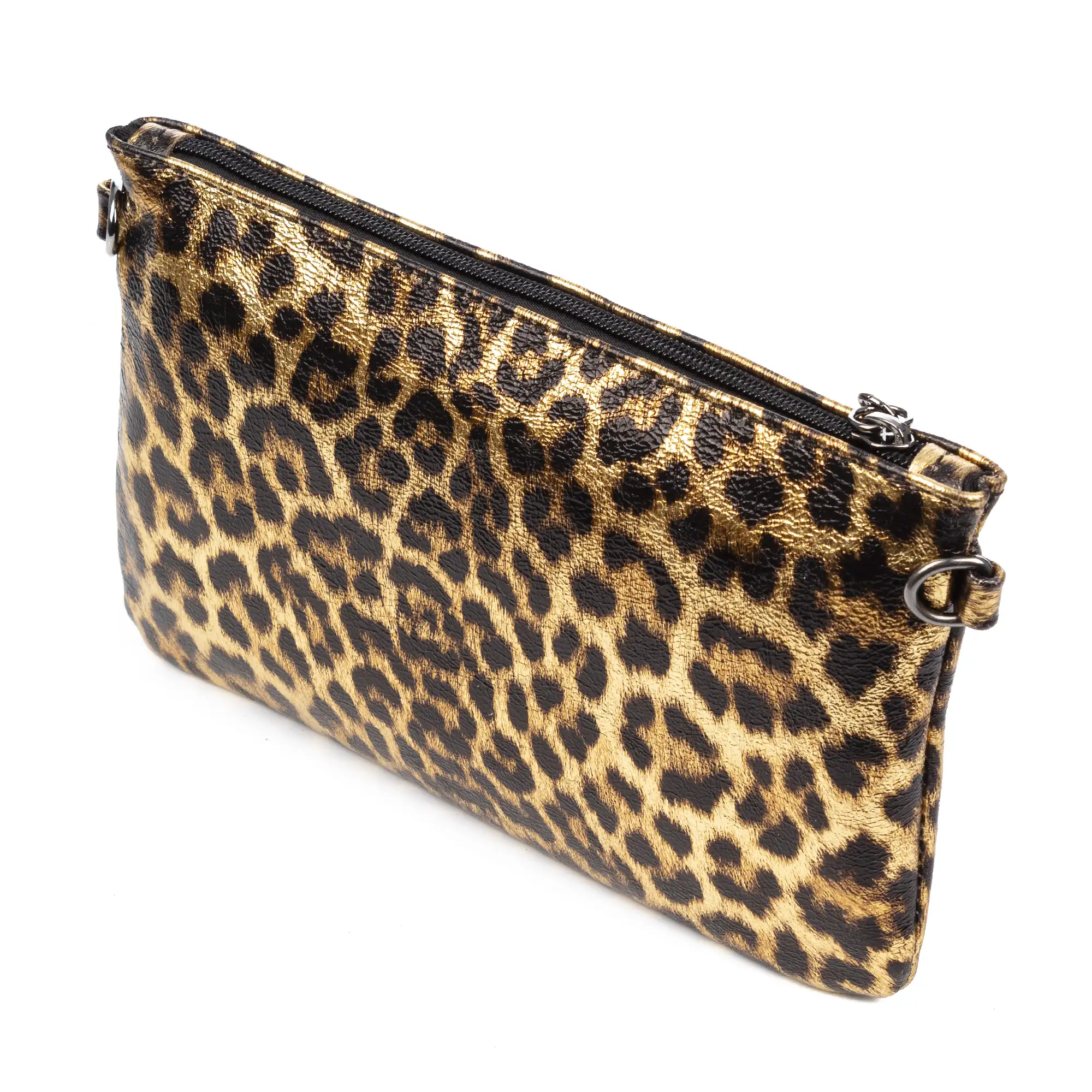 Oleggio bolso bandolera mujer. Piel auténtica Gamuza con estampado de animal print leopardo y lacada brillante.