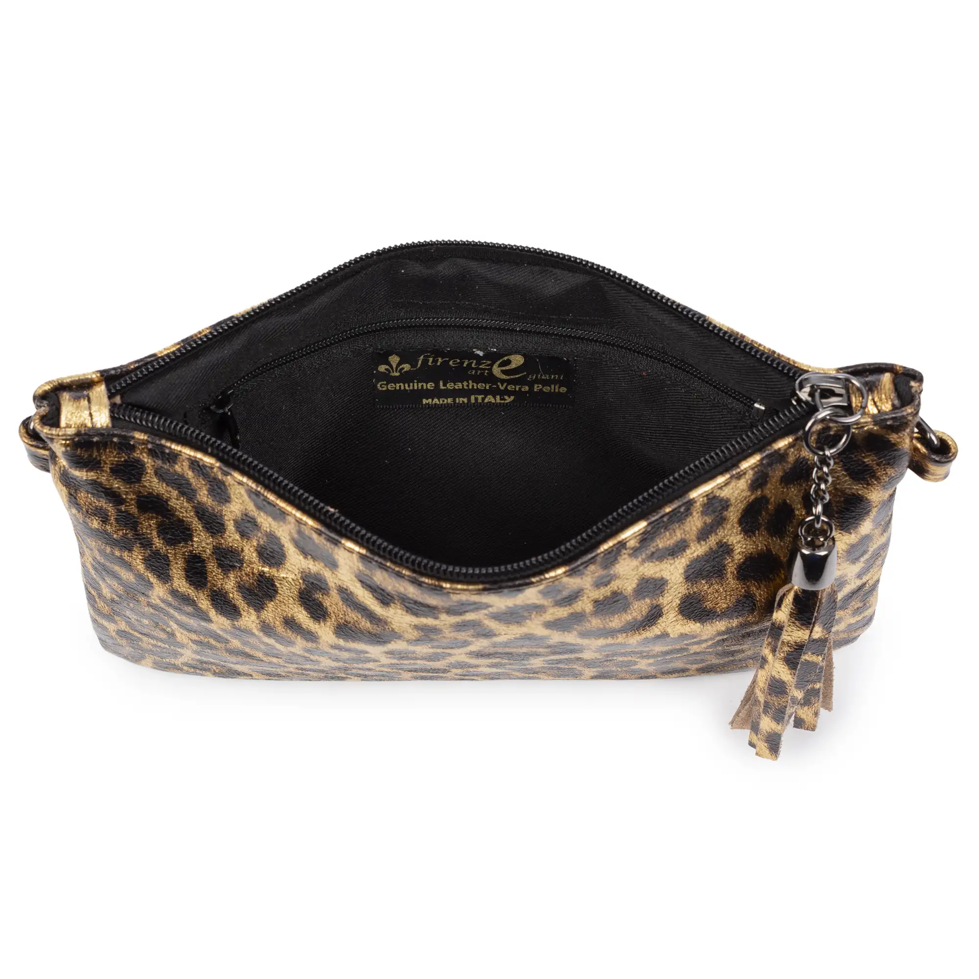 Oleggio bolso bandolera mujer. Piel auténtica Gamuza con estampado de animal print leopardo y lacada brillante.