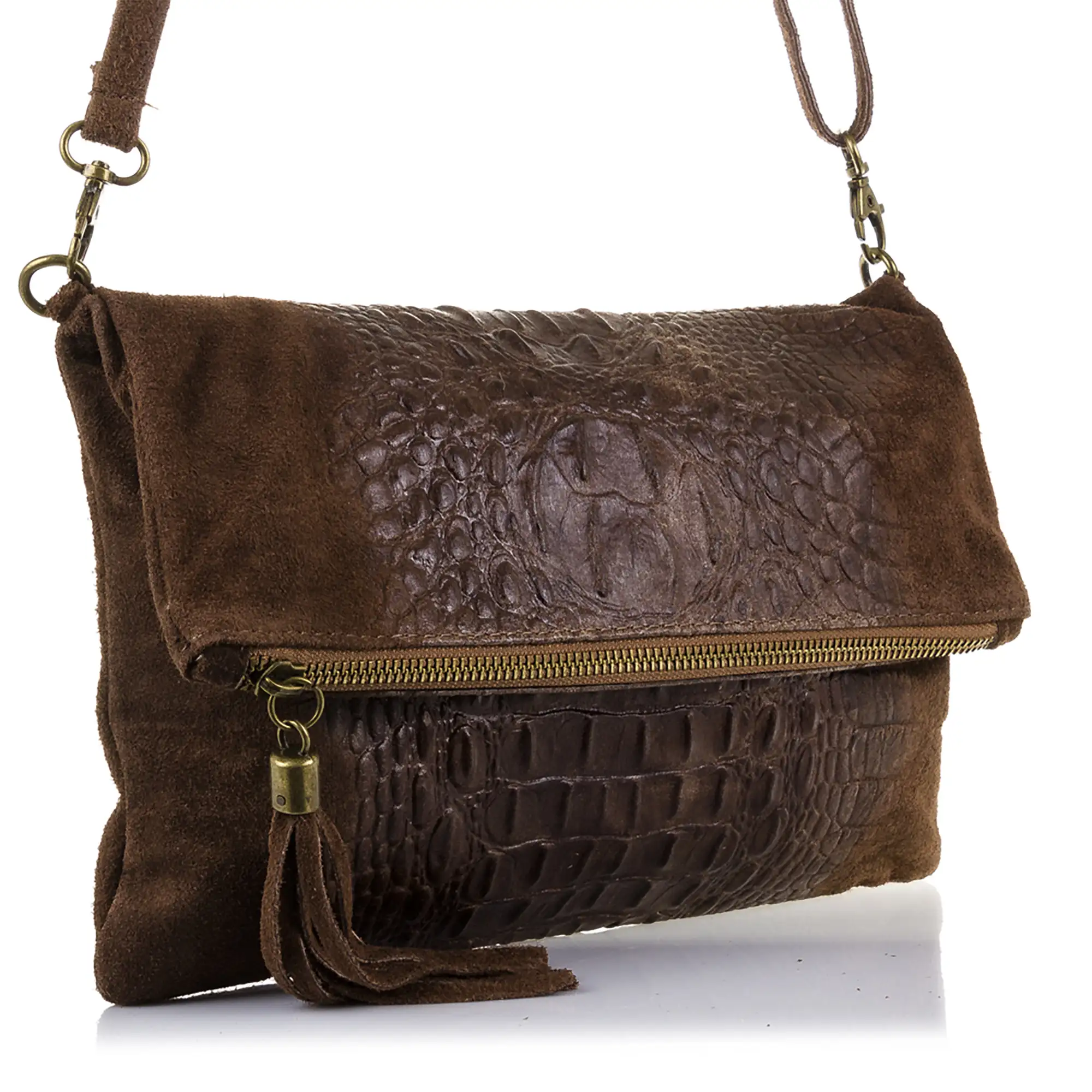 Mantova Bolso bandolera Mujer.Piel auténtica Gamuza Grabado Cocodrilo 