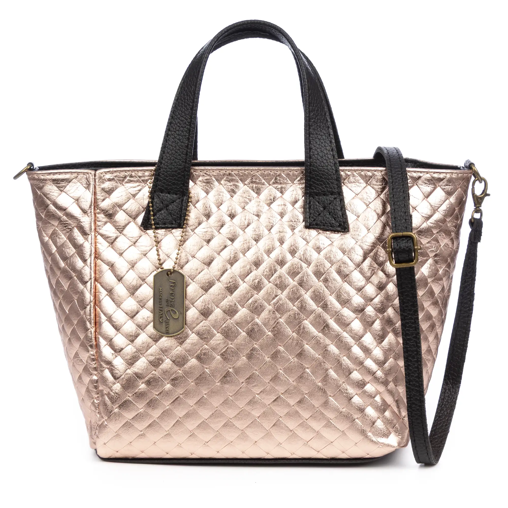 Cassandra bolso tote mujer. Piel auténtica Gamuza con grabado entrelazado y lacada brillante.