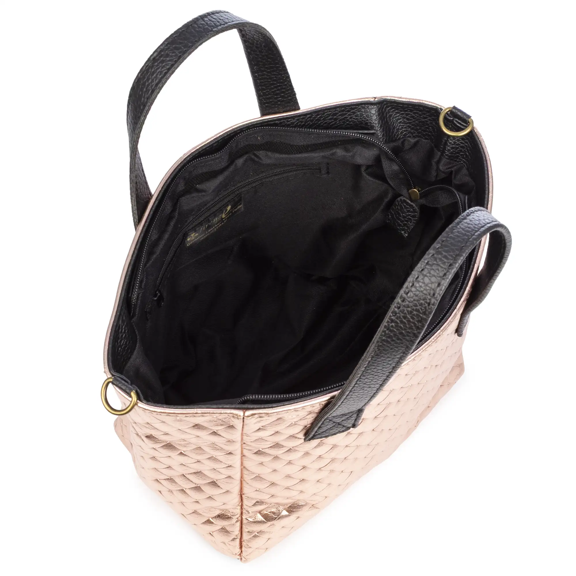 Cassandra bolso tote mujer. Piel auténtica Gamuza con grabado entrelazado y lacada brillante.