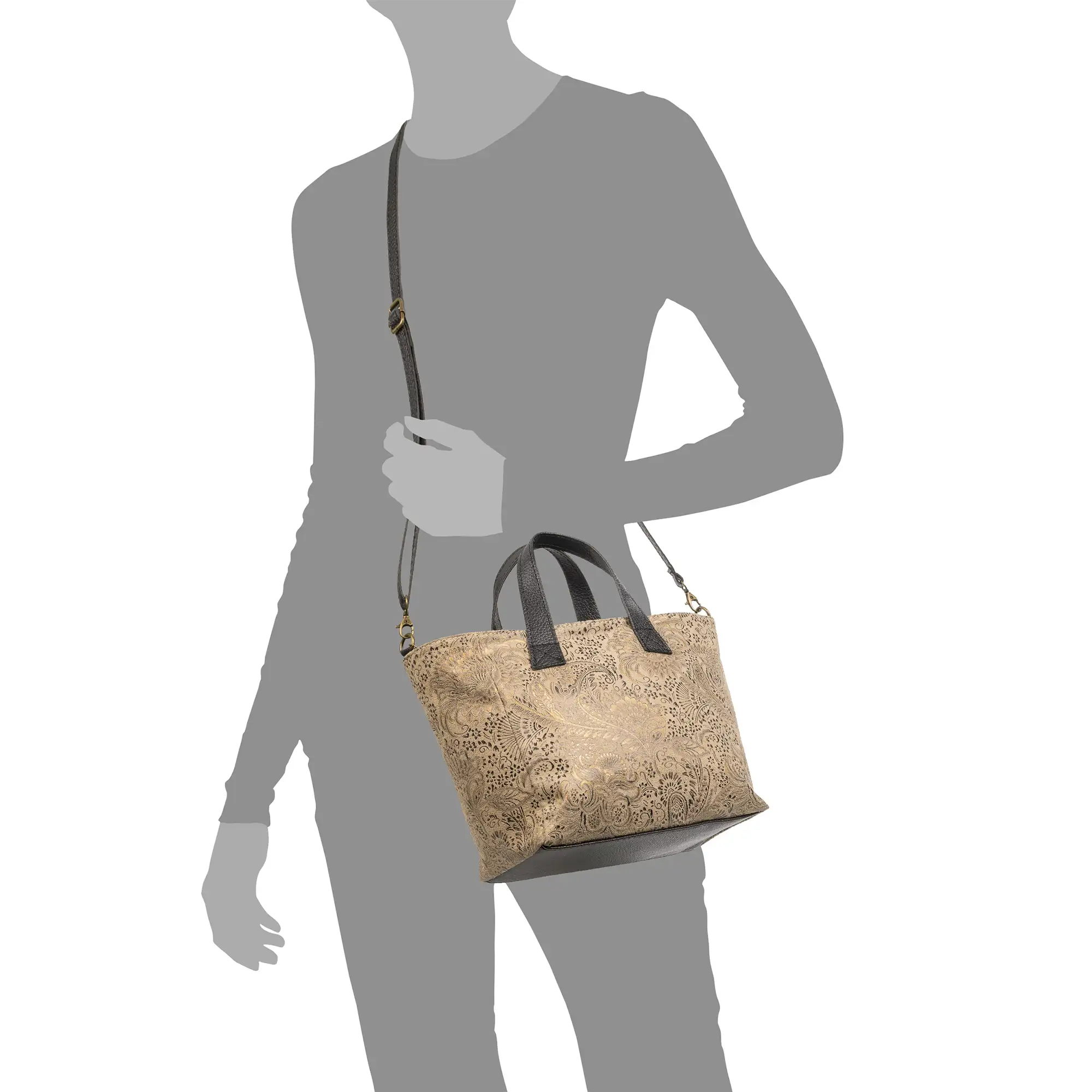 Cassandra bolso tote mujer. Piel auténtica Gamuza estampado arabesco.
