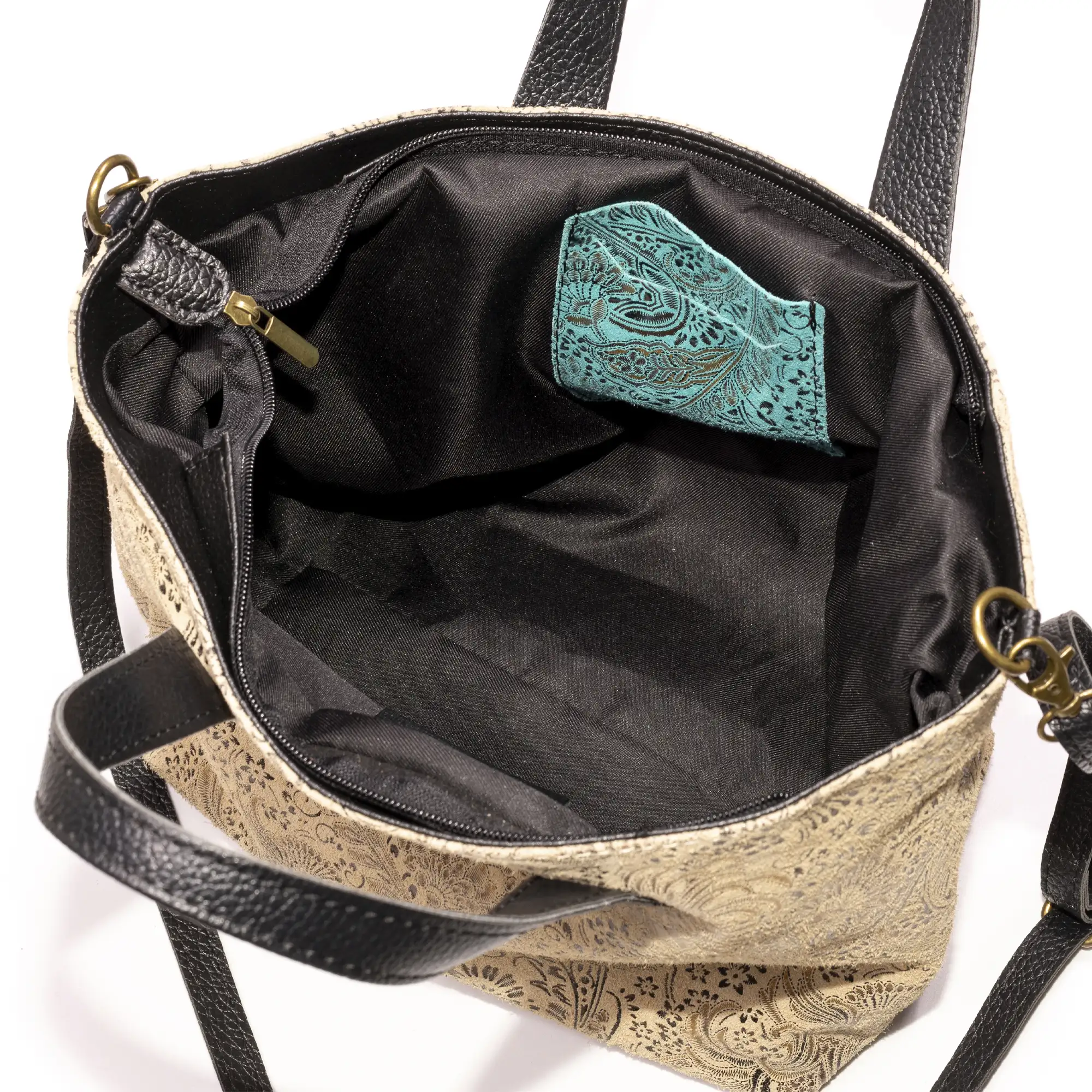Cassandra bolso tote mujer. Piel auténtica Gamuza estampado arabesco.