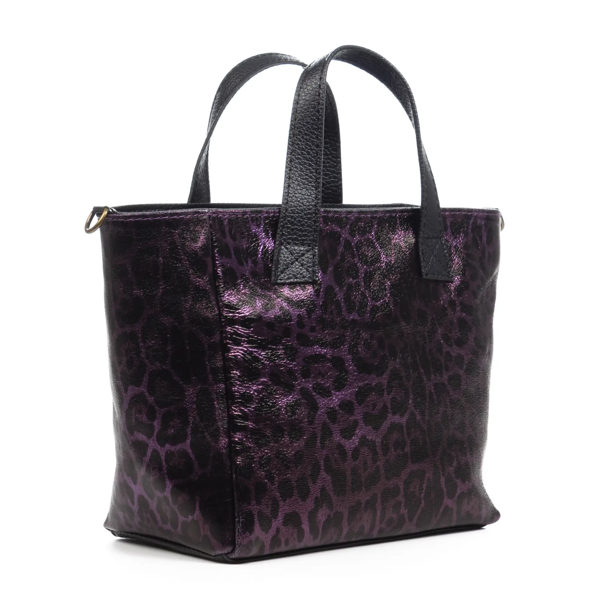 Cassandra bolso tote mujer. Piel auténtica Gamuza, animal print leopardo, lacado brillante.