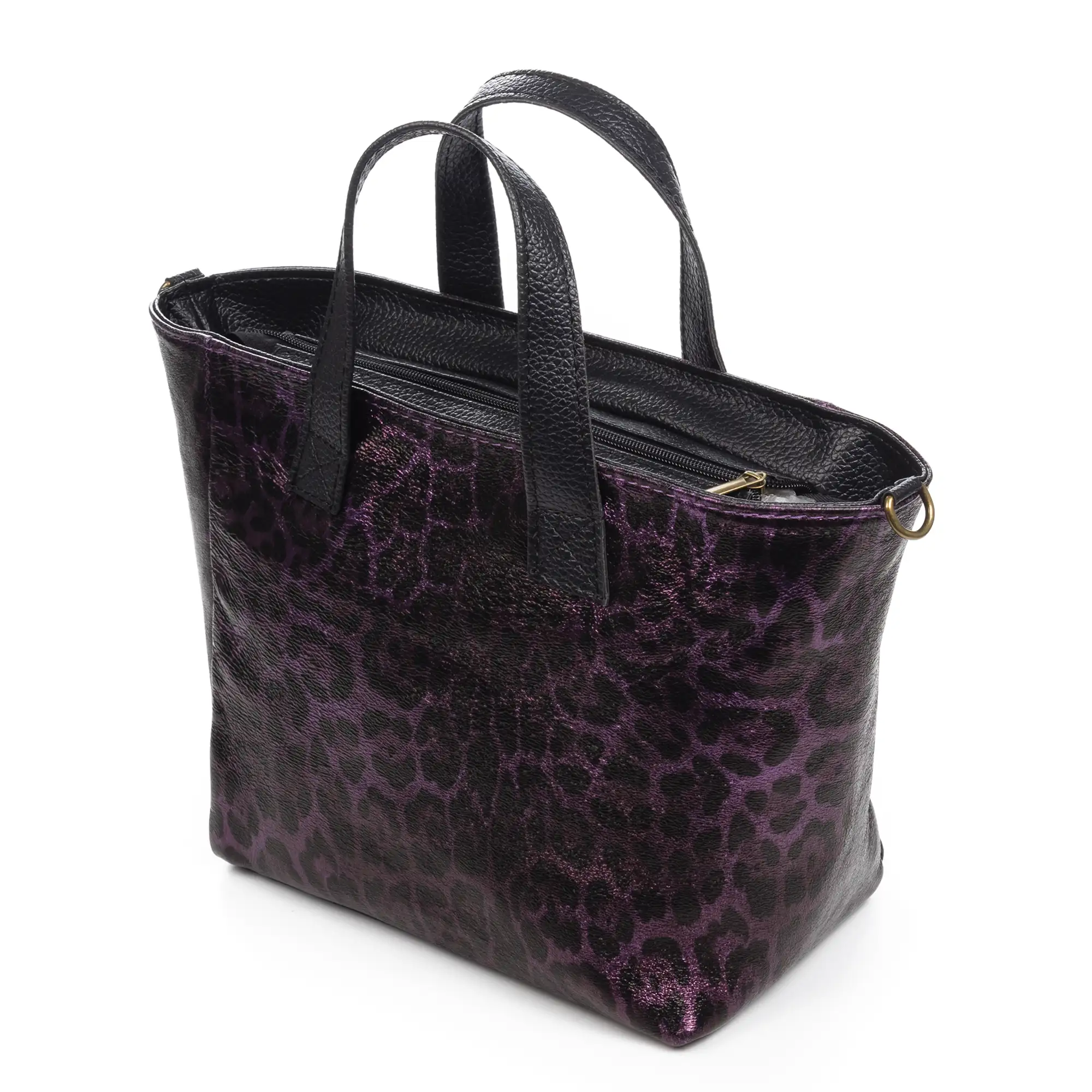 Cassandra bolso tote mujer. Piel auténtica Gamuza, animal print leopardo, lacado brillante.