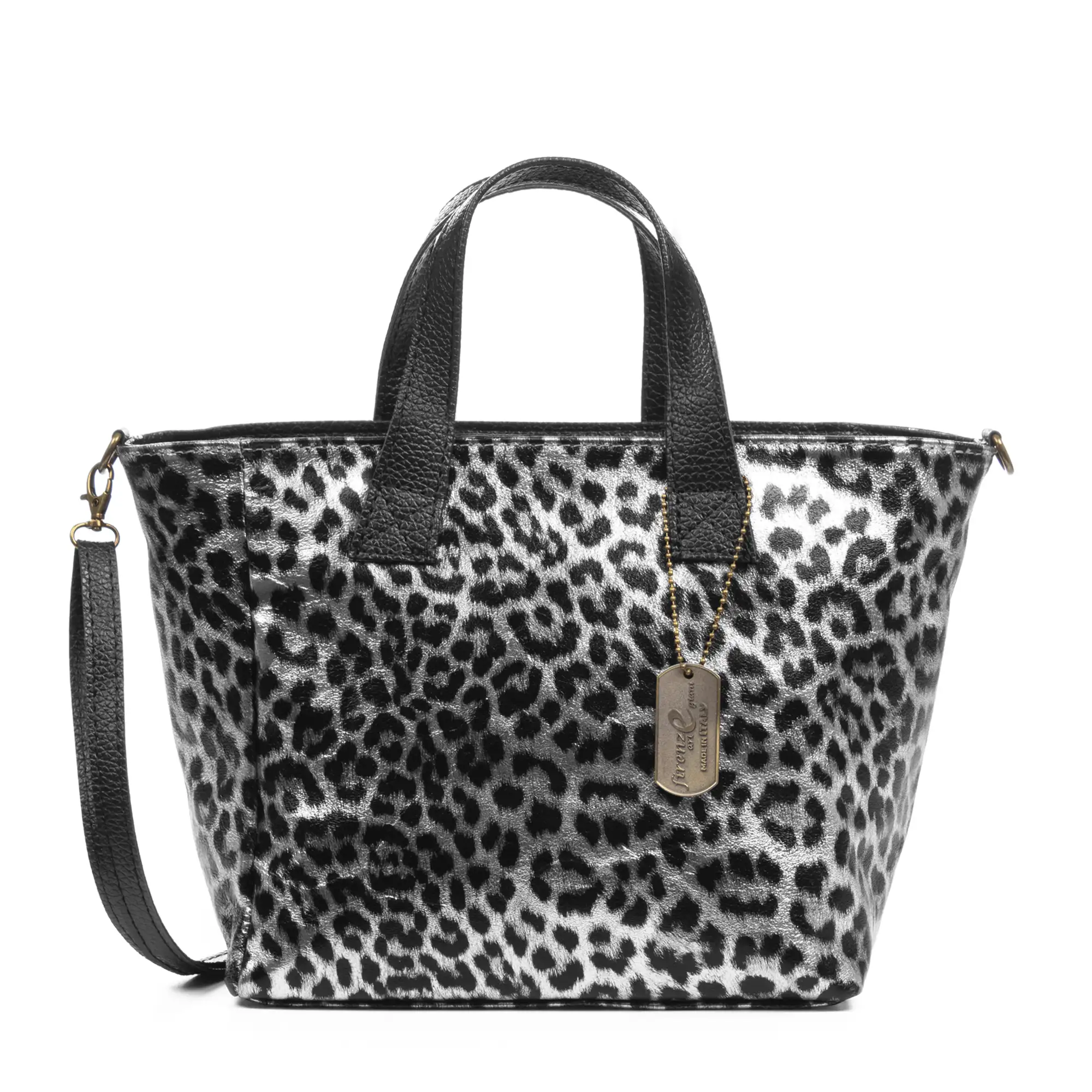 Cassandra bolso tote mujer. Piel auténtica Gamuza, animal print leopardo, lacado brillante.