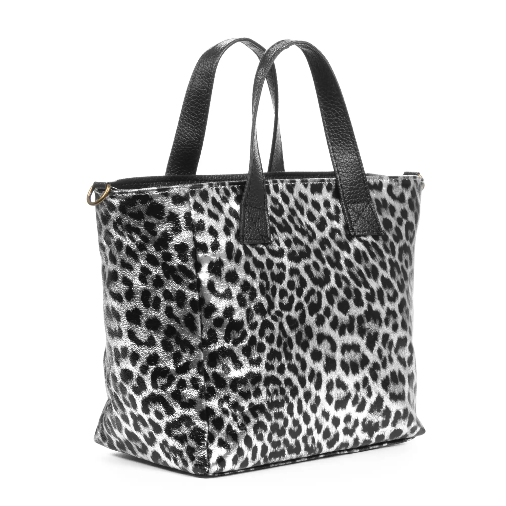 Cassandra bolso tote mujer. Piel auténtica Gamuza, animal print leopardo, lacado brillante.
