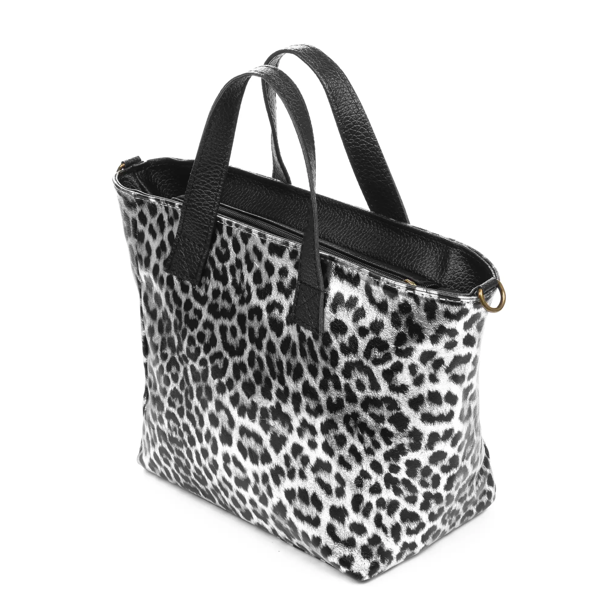 Cassandra bolso tote mujer. Piel auténtica Gamuza, animal print leopardo, lacado brillante.