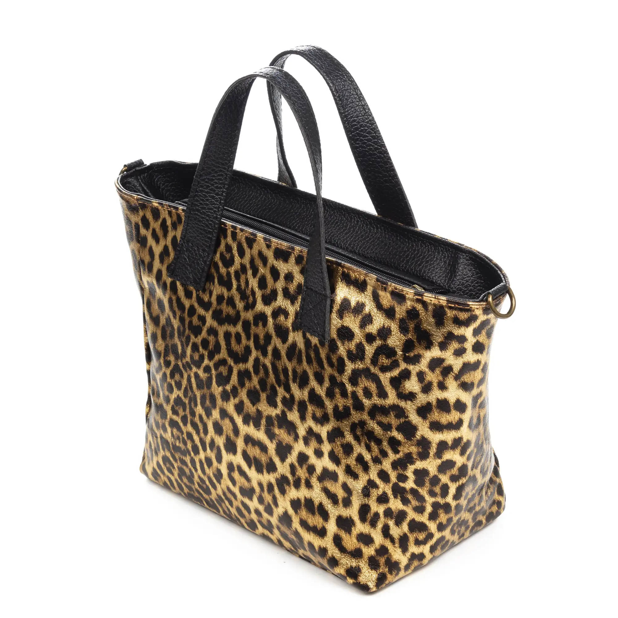 Cassandra bolso tote mujer. Piel auténtica Gamuza, animal print leopardo, lacado brillante.