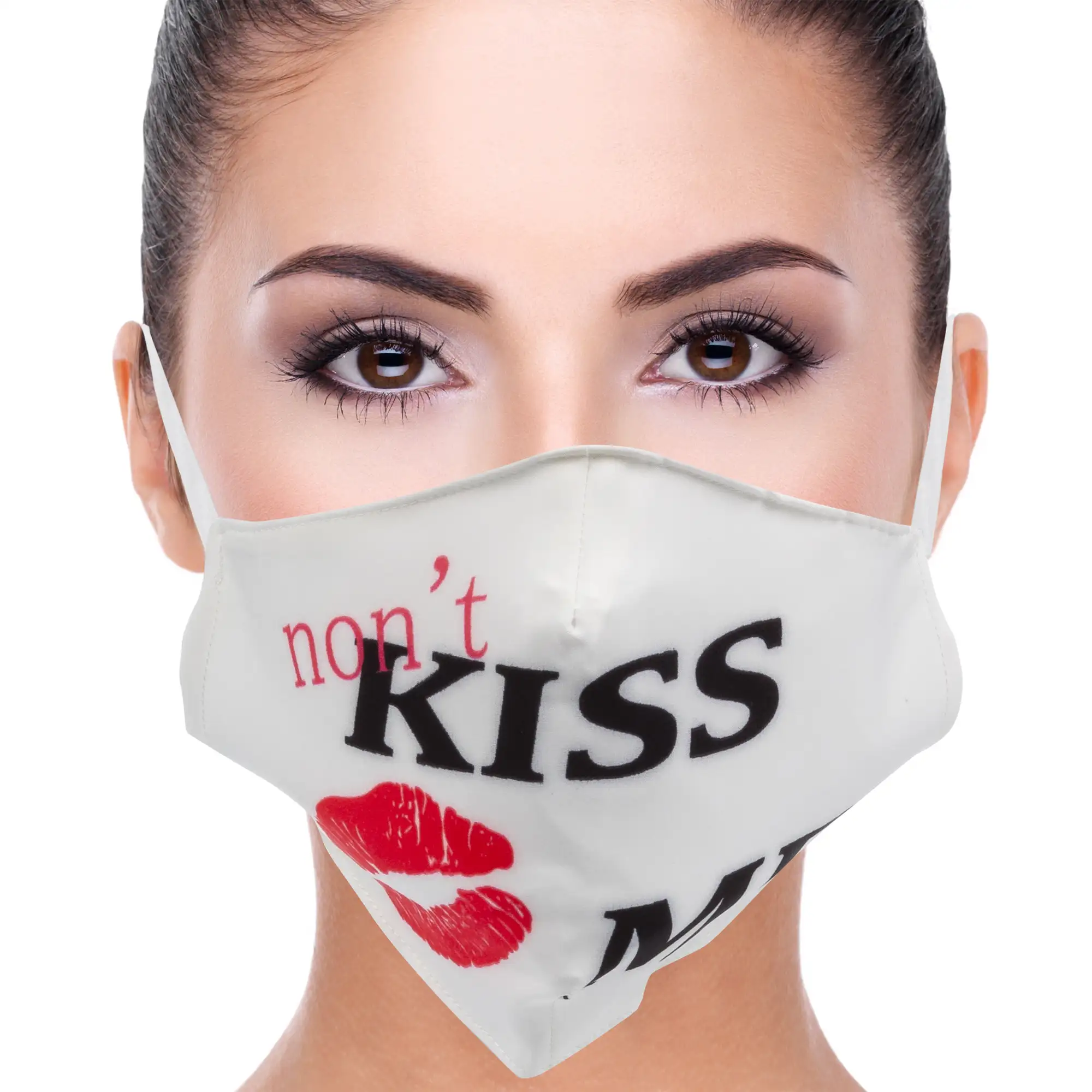 Mascarilla moda adulto algodón estampado don t KISS ME. Filtro no incluido.