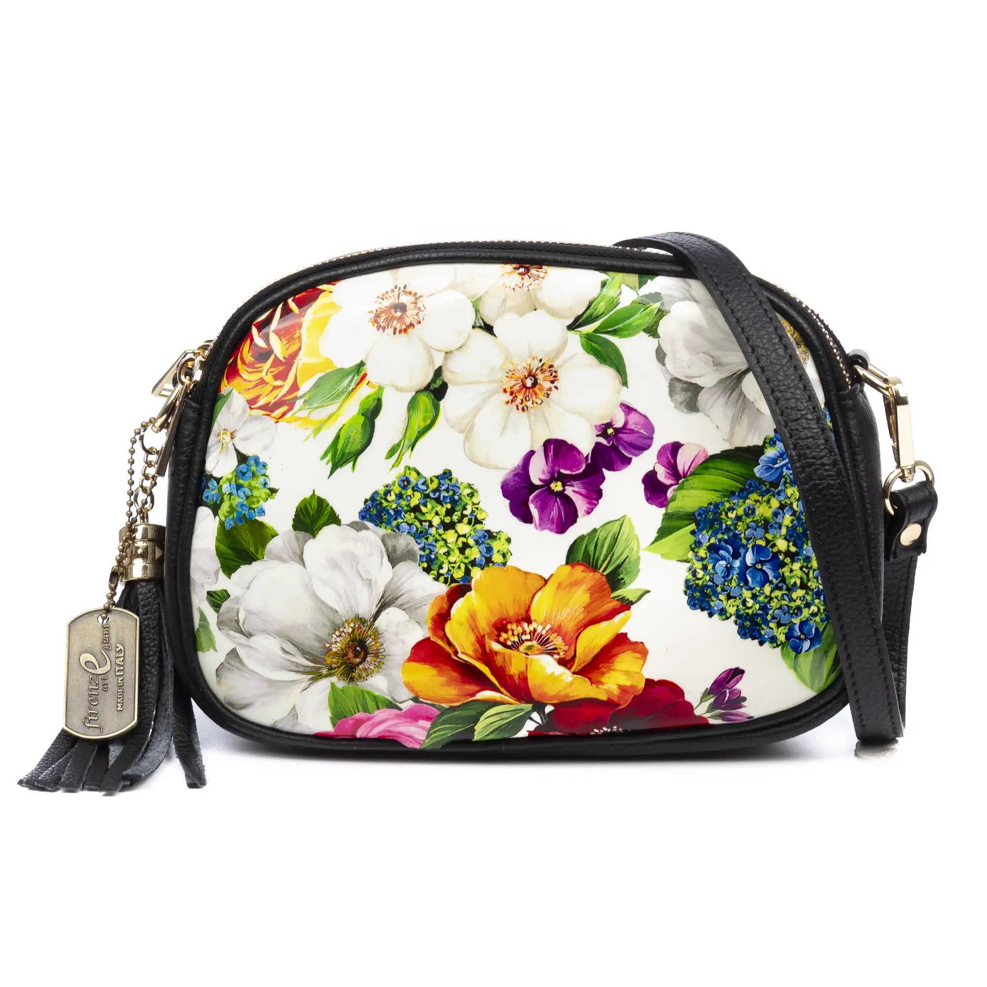 Aliminusa bolso bandolera mujer. Piel auténtica Dollaro, frontal sintético con diseño floral.