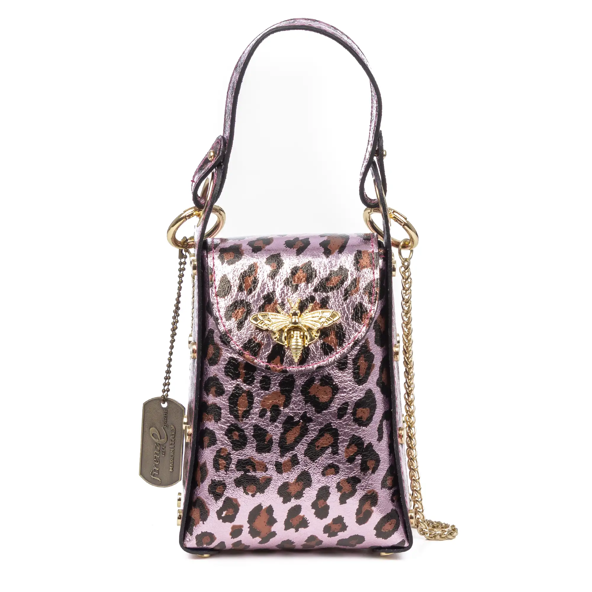 Alviano bolso de mano mujer. Piel auténtica Gamuza con estampado animal print leopardo lacada brillante.