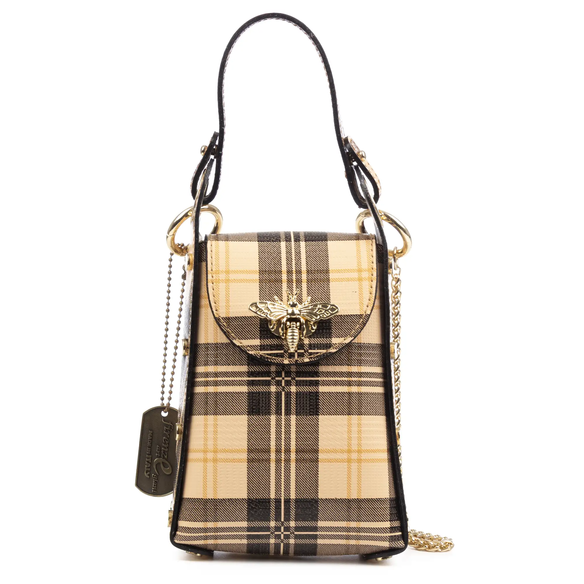 Alviano bolso de mano mujer. Piel auténtica acabado Ruga estampada con cuadro escocés.