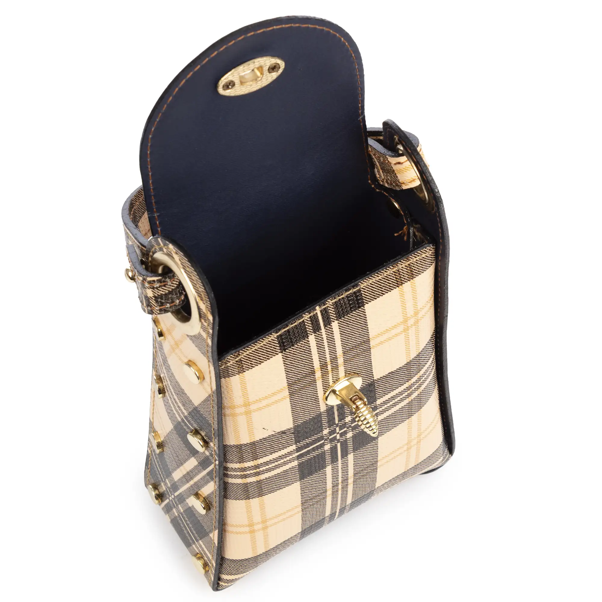 Alviano bolso de mano mujer. Piel auténtica acabado Ruga estampada con cuadro escocés.