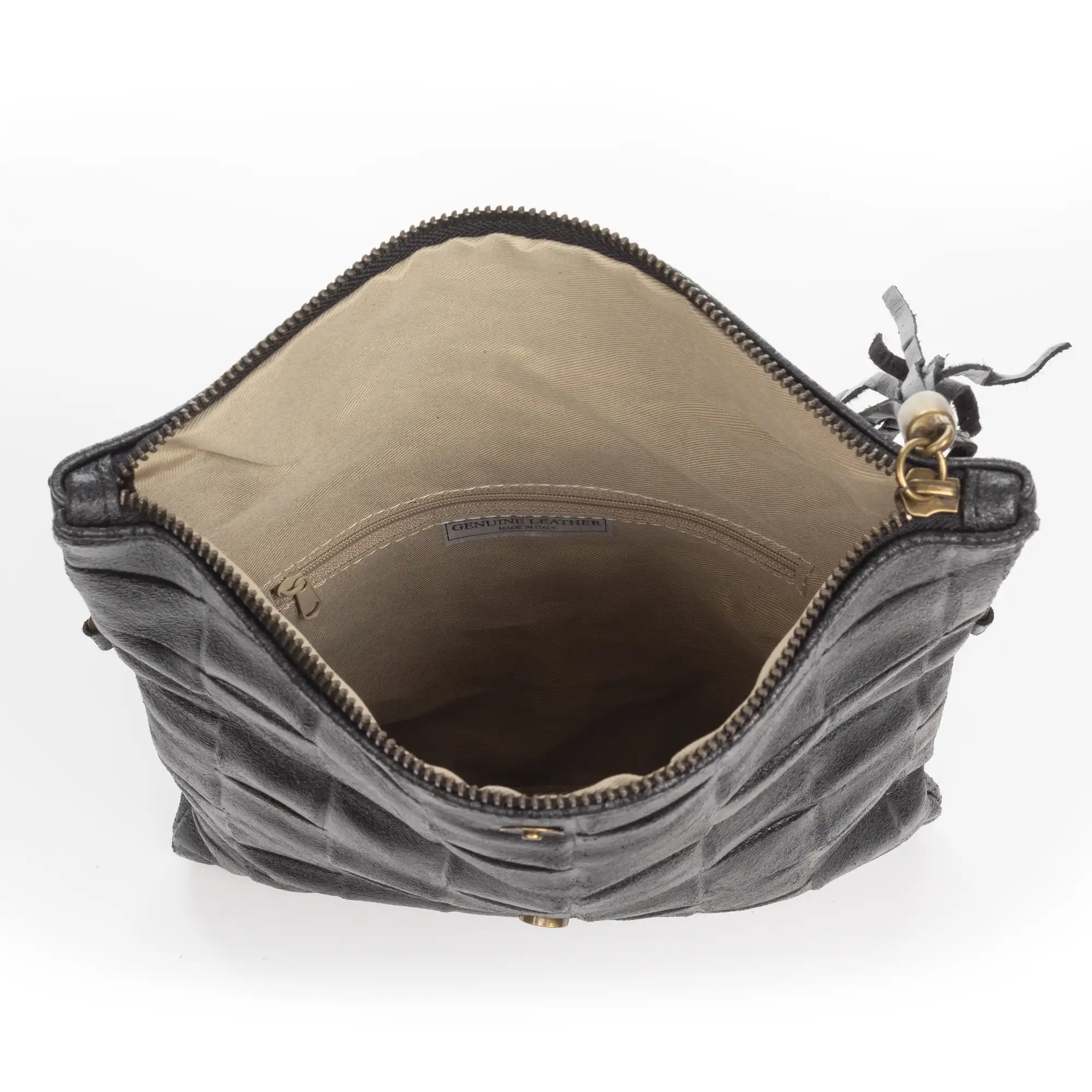 Alzano bolso bandolera mujer. Piel auténtica Gamuza con grabado geométrico grande.