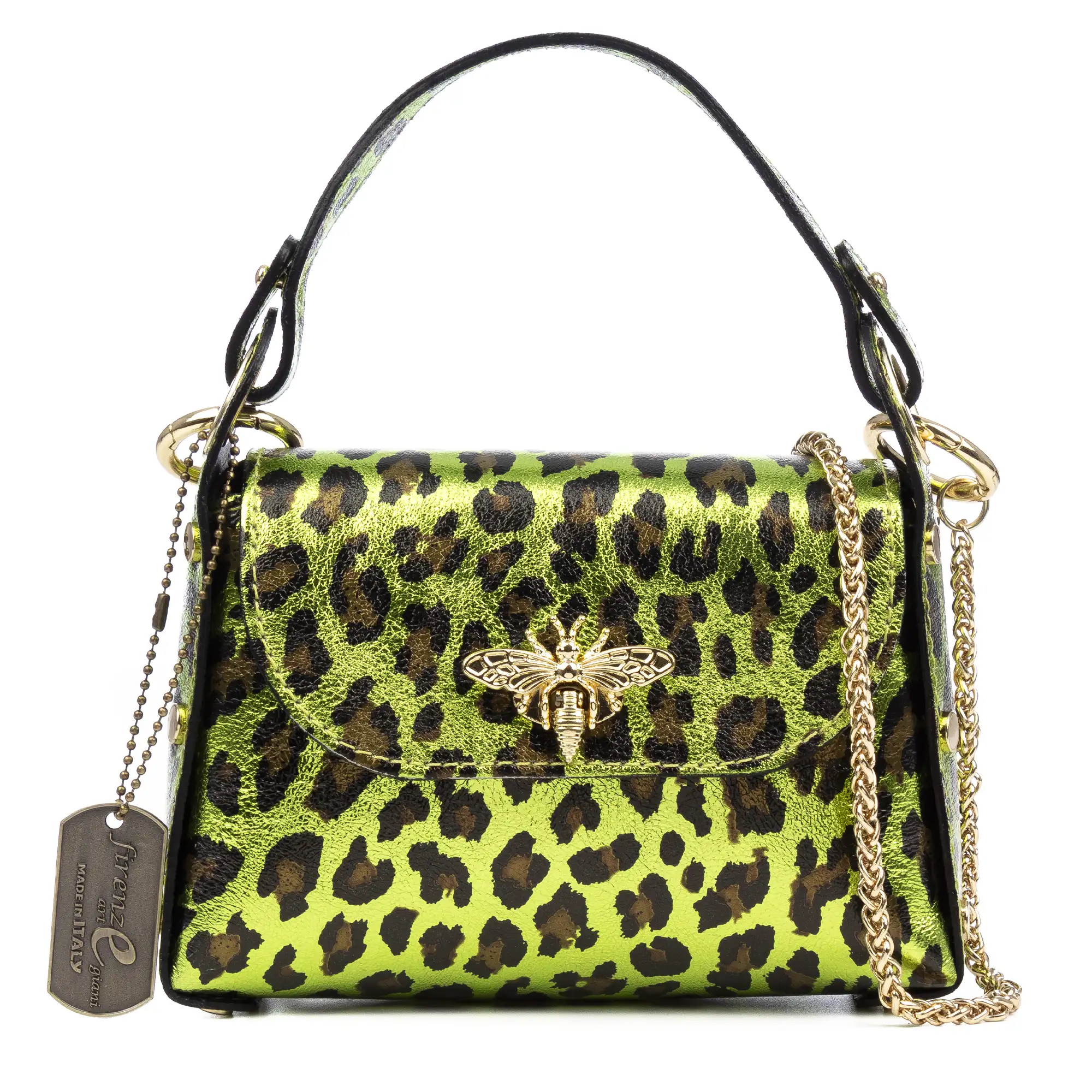 Aquileia bolso de mano mujer. Piel auténtica Gamuza con estampado animal print leopardo lacada brillante.