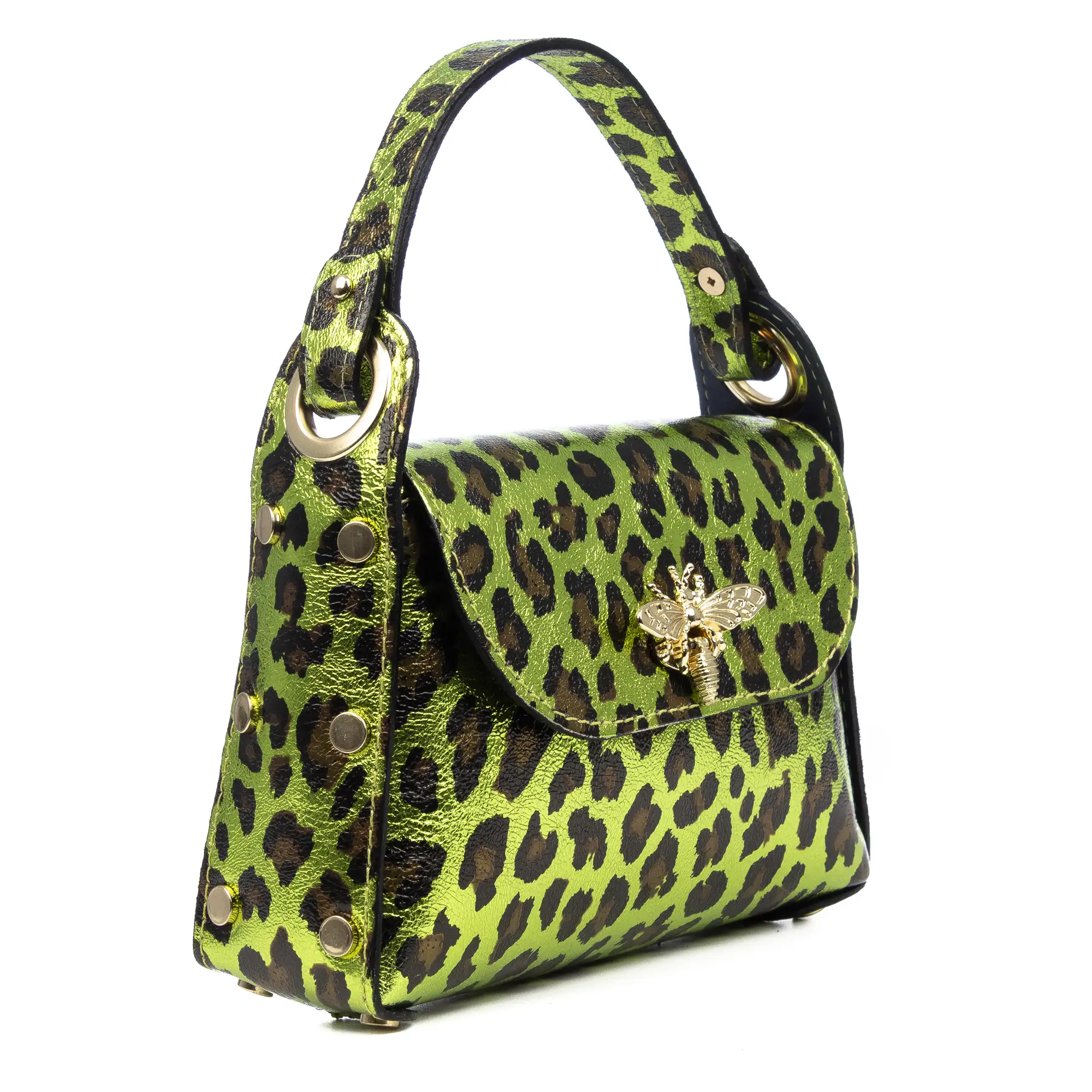 Aquileia bolso de mano mujer. Piel auténtica Gamuza con estampado animal print leopardo lacada brillante.
