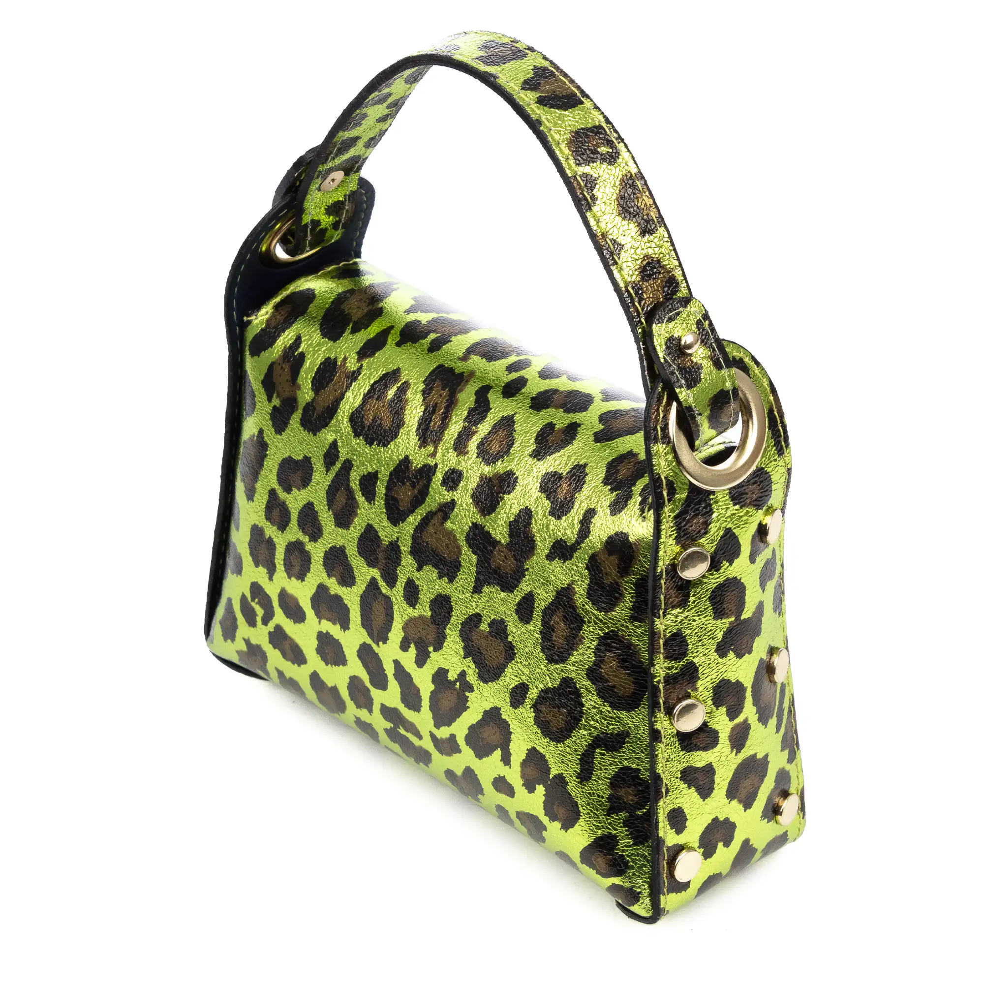 Aquileia bolso de mano mujer. Piel auténtica Gamuza con estampado animal print leopardo lacada brillante.